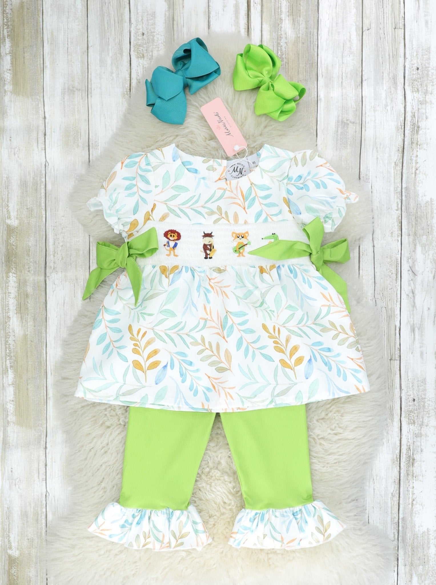 Jazzy Zoo Friends Smocked Bow Outfit - Marie Nicole Clothing
