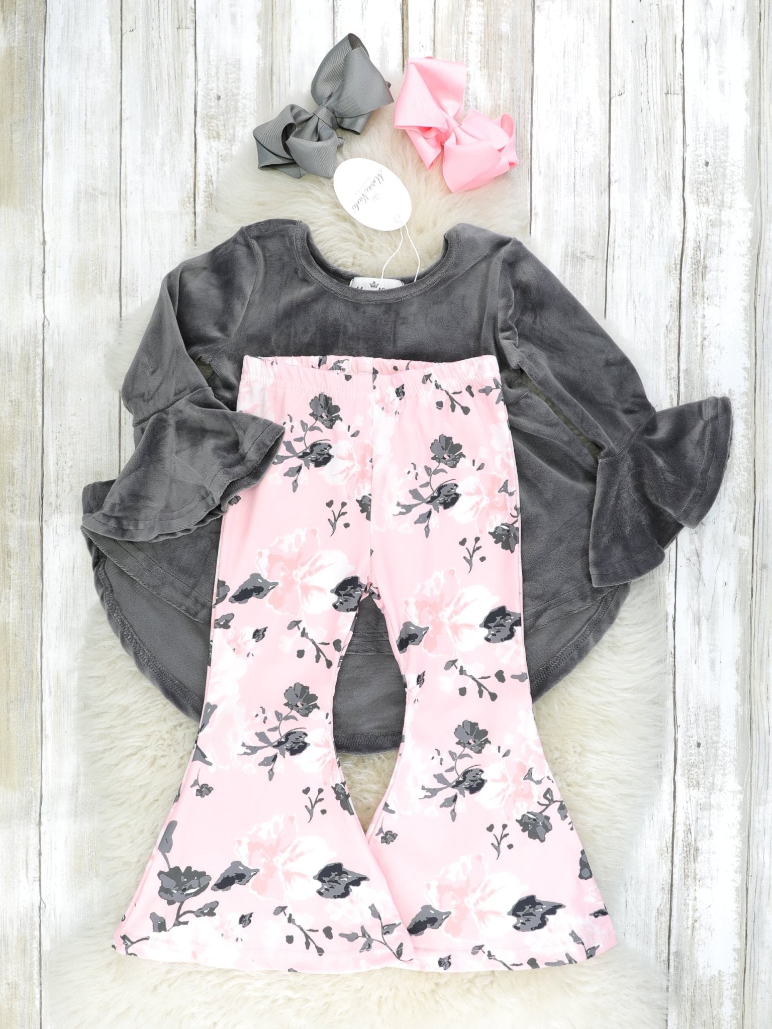 Pink & Grey Floral Velvet Bell Bottom Outfit - Marie Nicole Clothing