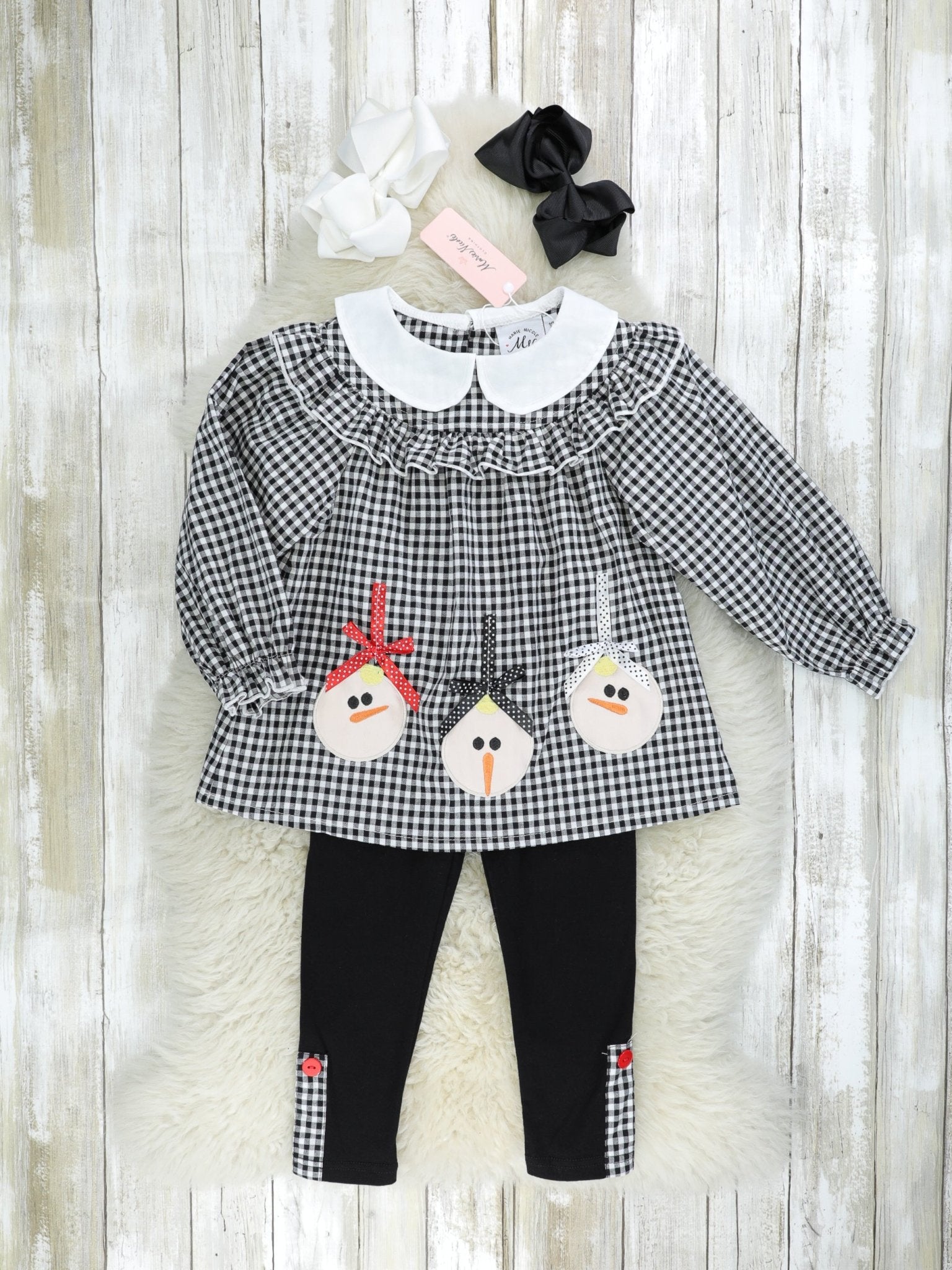 Gingham Snowman Vintage Ruffle Outfit - Marie Nicole Clothing