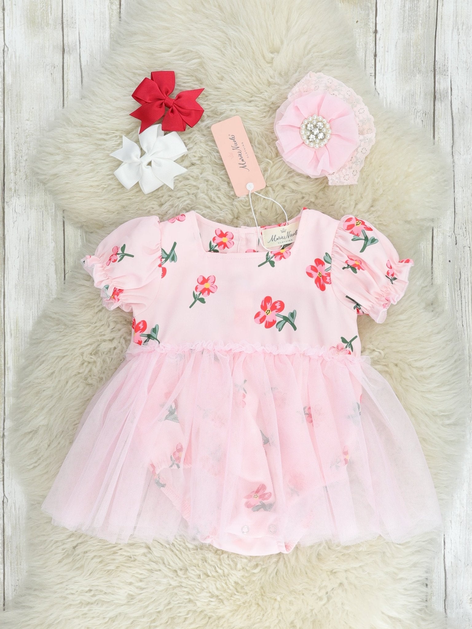 Light Pink Floral Tulle Bubble Romper - Marie Nicole Clothing
