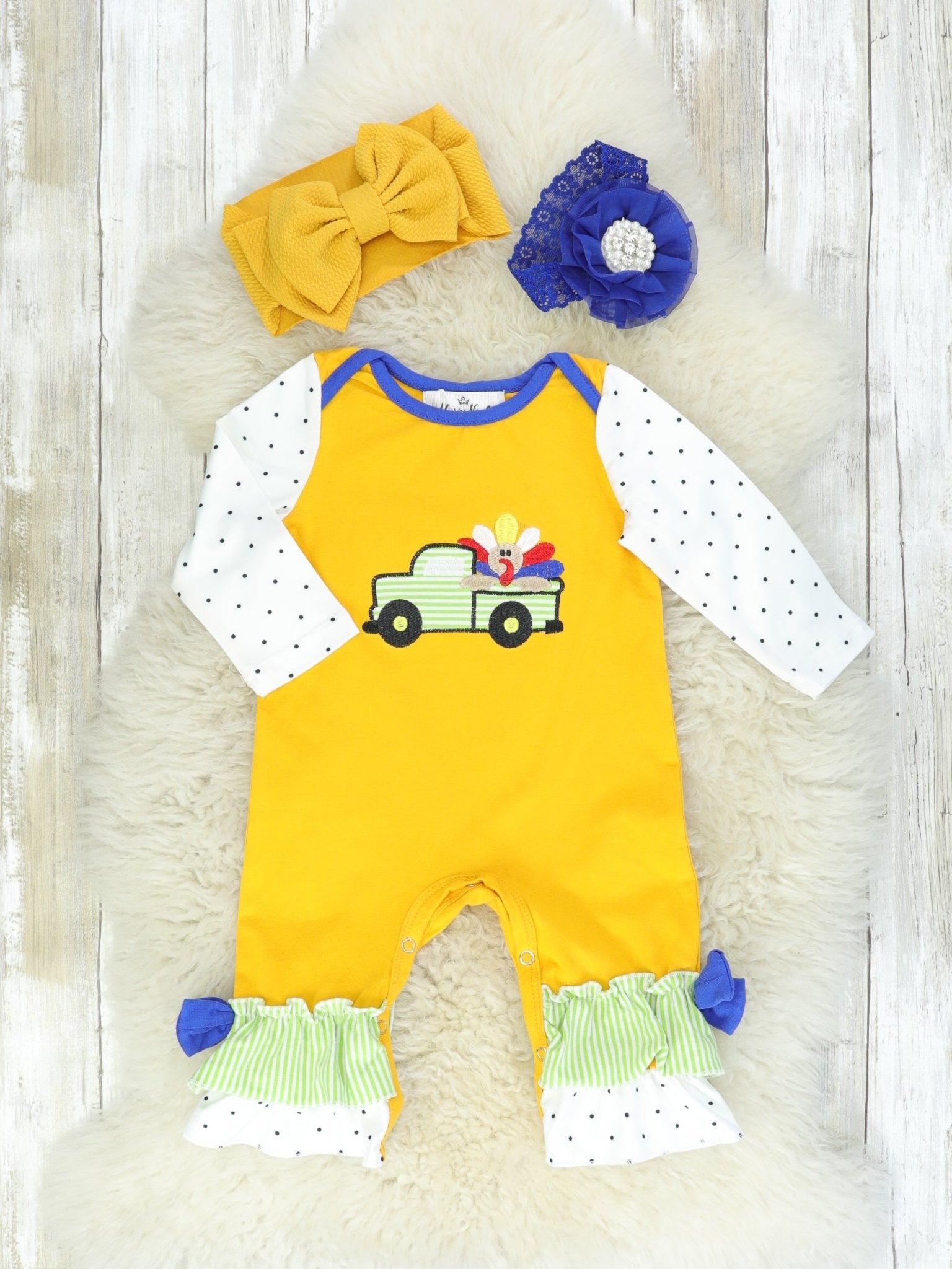 Turkey Truck Mustard Ruffle Romper - Marie Nicole Clothing