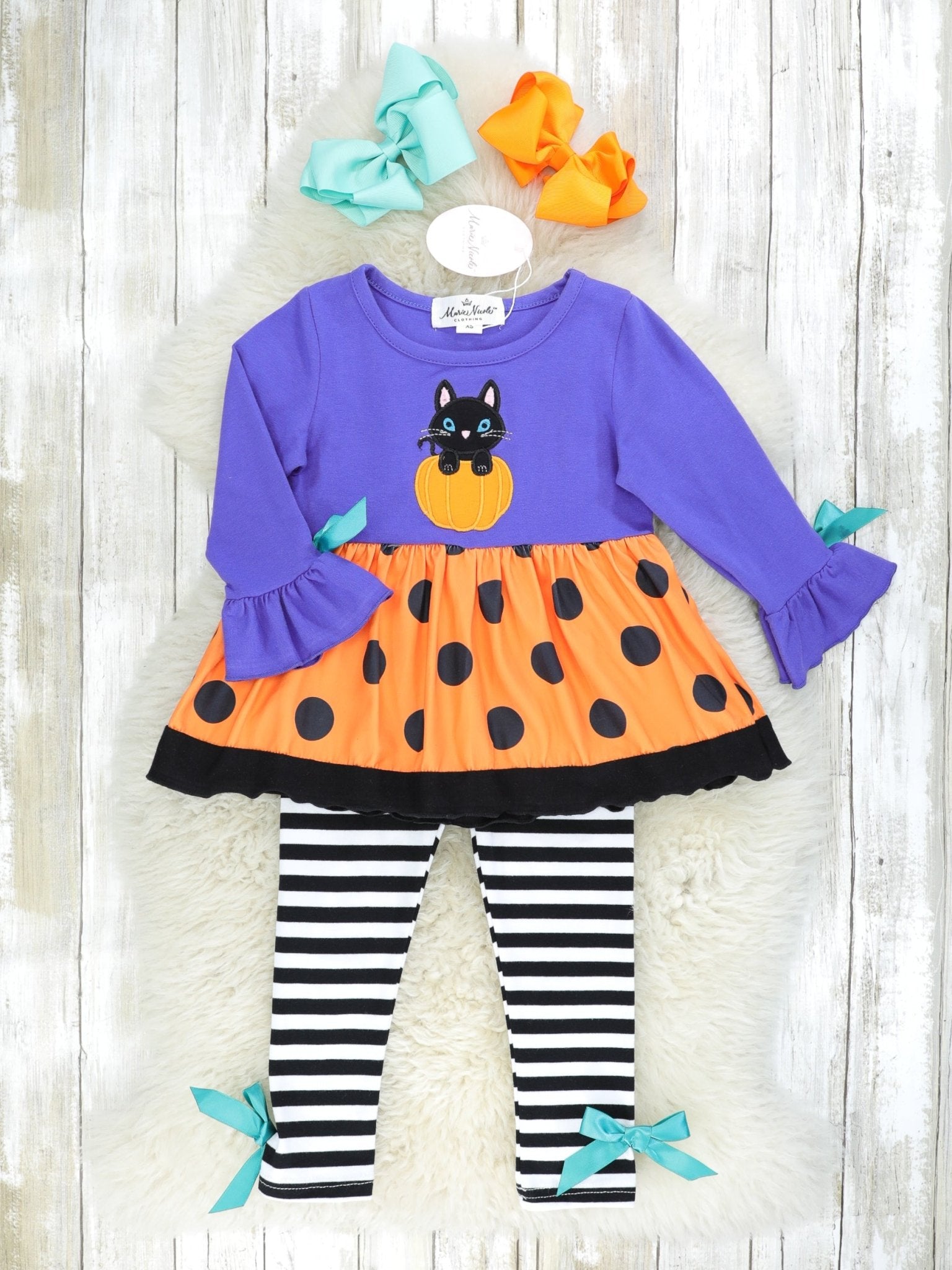 Purple Cat Pumpkin Polka Dot Top & Striped Bottoms Outfit - Marie Nicole Clothing