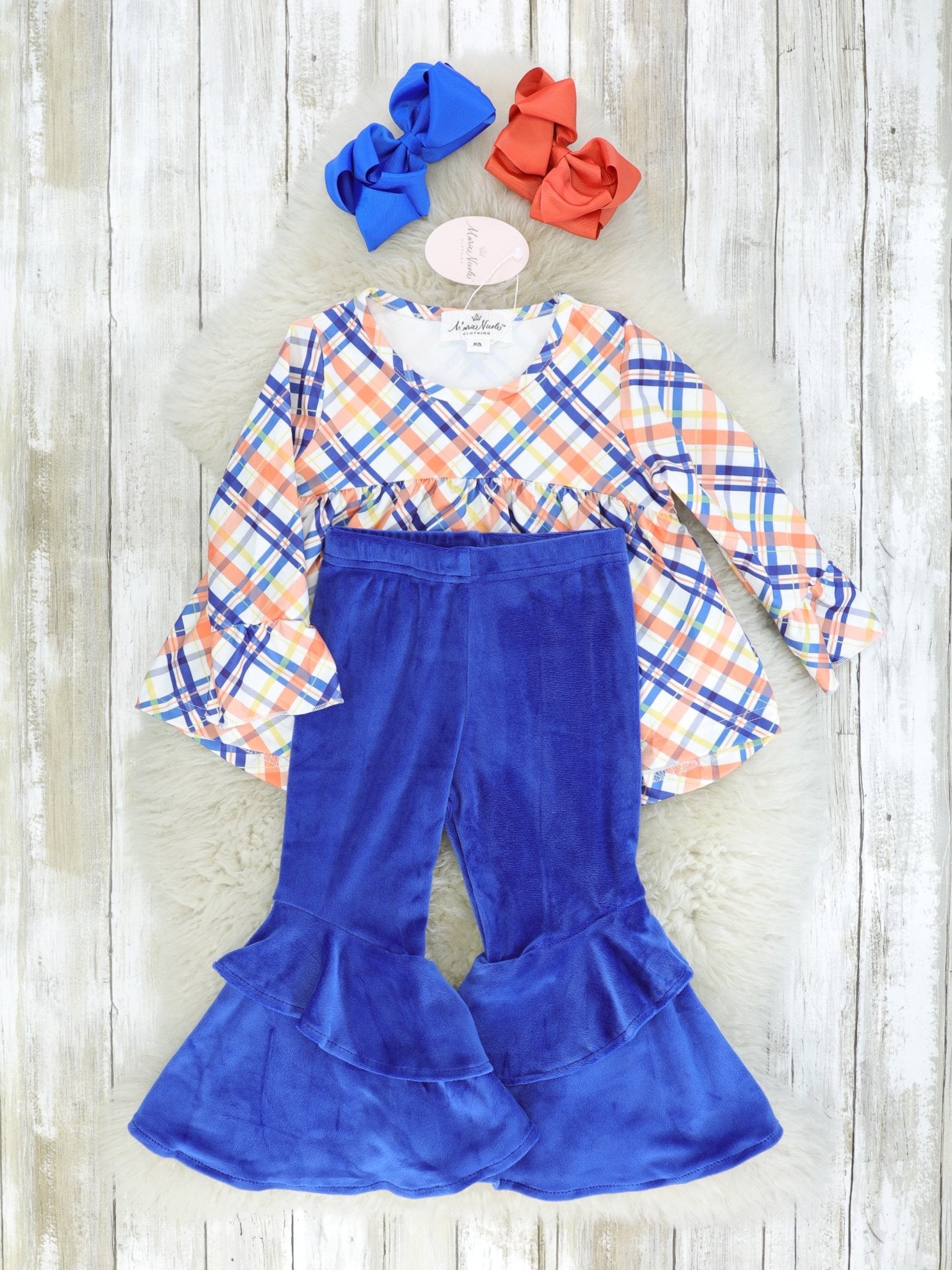 Blue & Orange Plaid Top & Velvet Ruffle Bell Bottoms Outfit - Marie Nicole Clothing