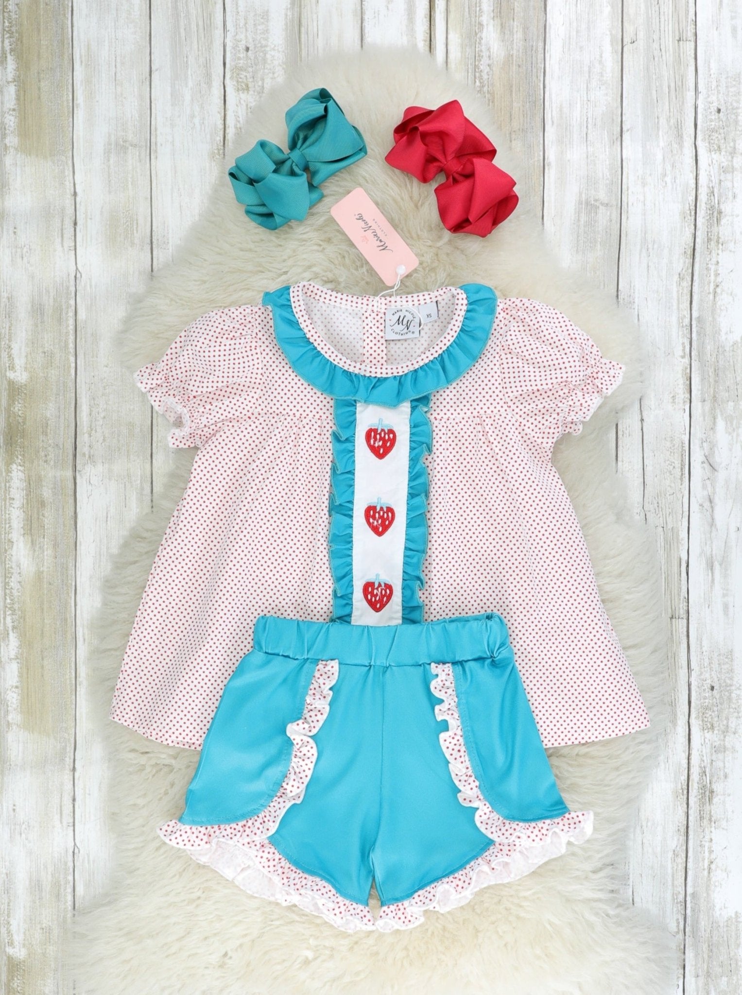 Polka Dot Smocked Strawberry Ruffle Outfit - Marie Nicole Clothing