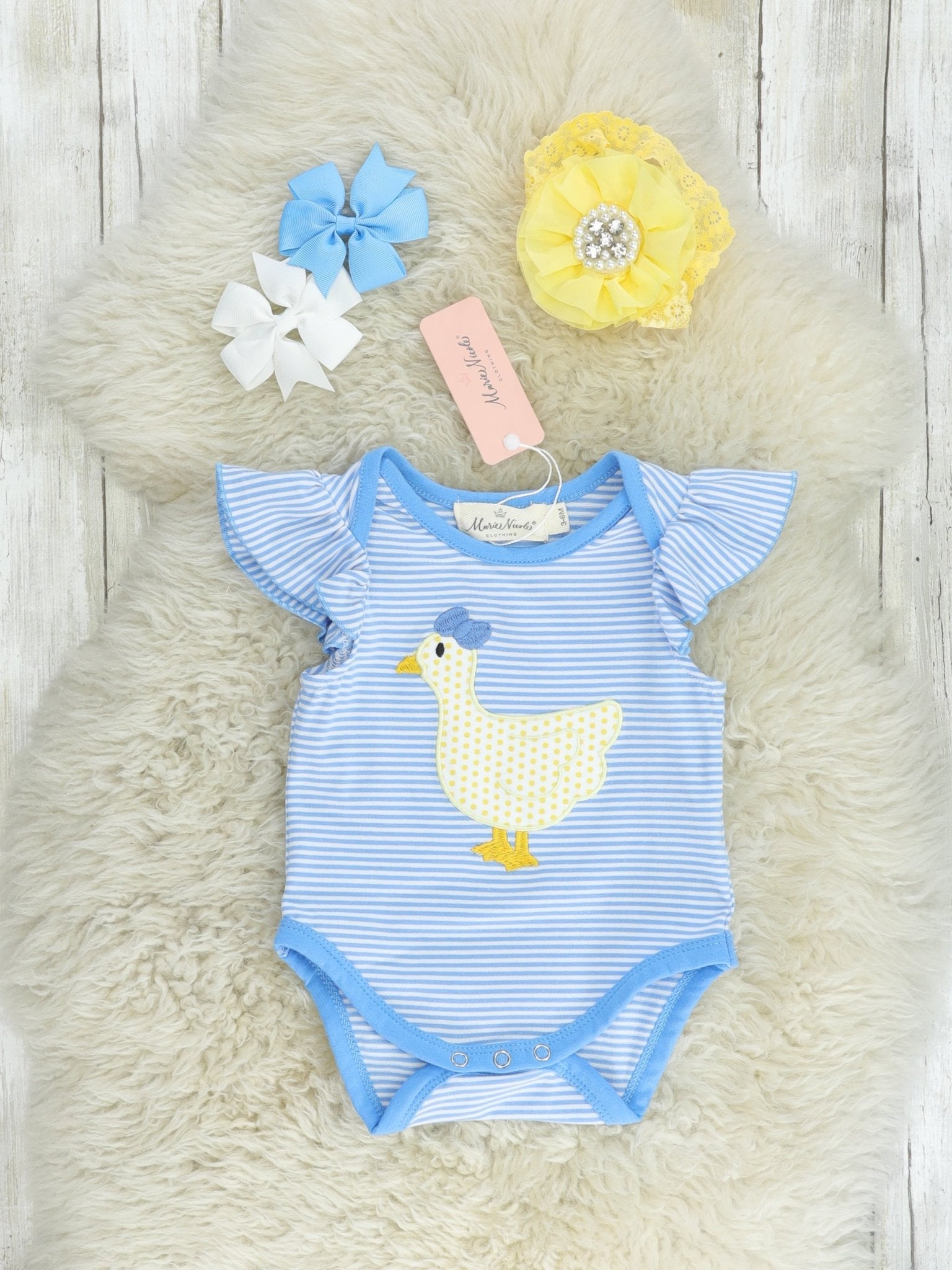 Blue Striped Duck Ruffle Romper - Marie Nicole Clothing