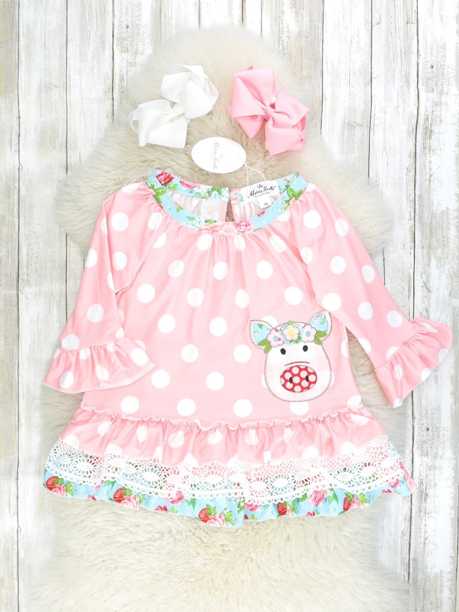 Pink Polka Dot & Floral Piggy Ruffle Dress - Marie Nicole Clothing