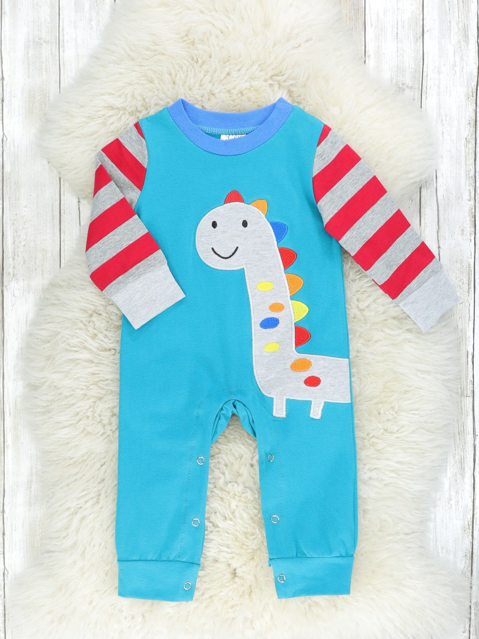 Blue Raglan Dinosaur Romper - Marie Nicole Clothing