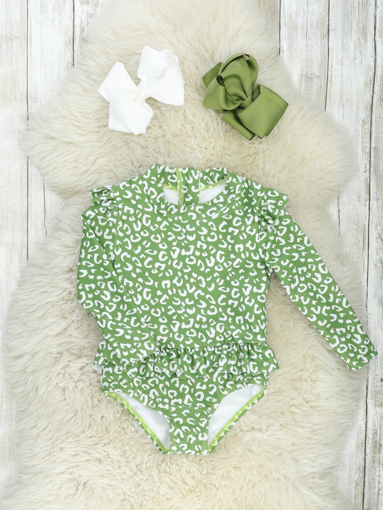 Green Leopard Ruffle Rash Guard Swimsuit - Marie Nicole Clothing