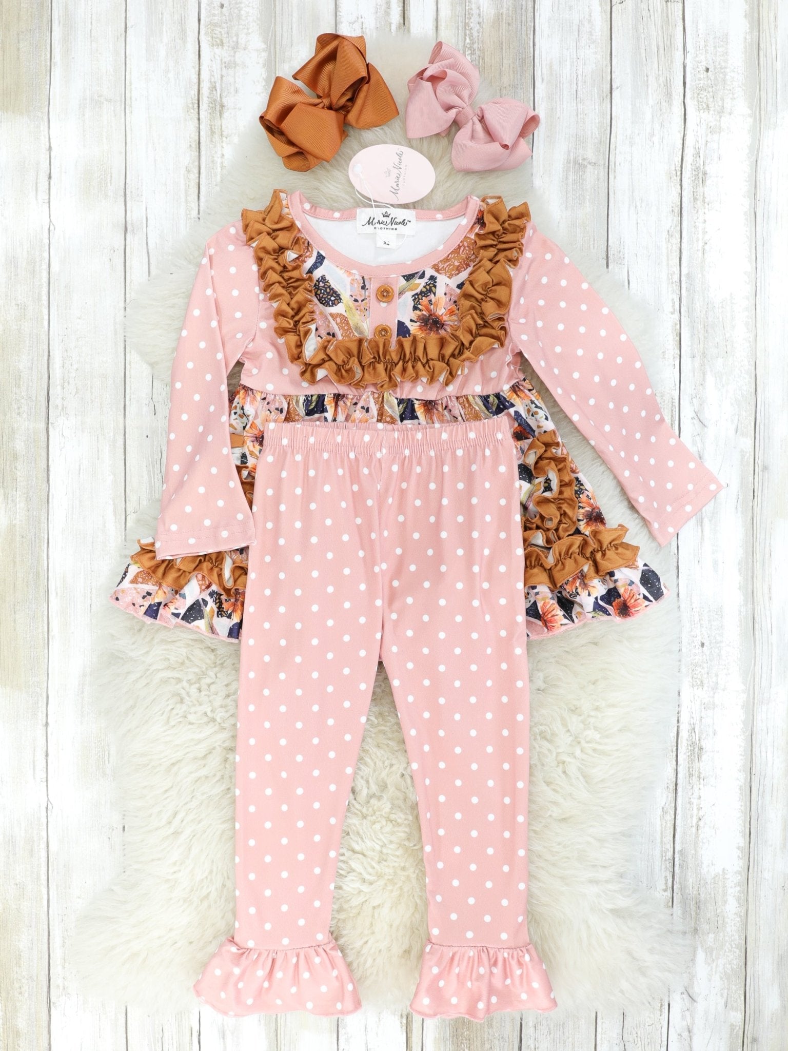 Mauve Floral Ruffle Pocket Top & Polka Dot Bottoms Outfit - Marie Nicole Clothing