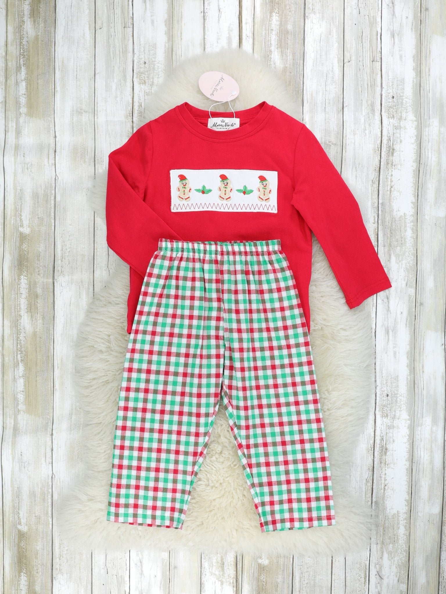 Red & Green Gingerbread Smocked Outfit - Marie Nicole Clothing