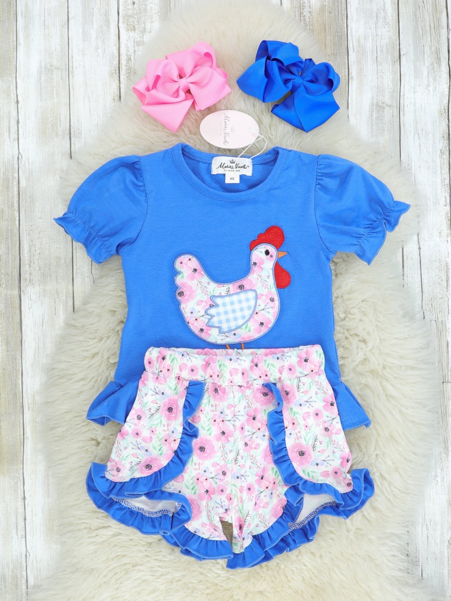 Blue Spring Chicken Ruffle Shirt & Shorts Outfit - Marie Nicole Clothing