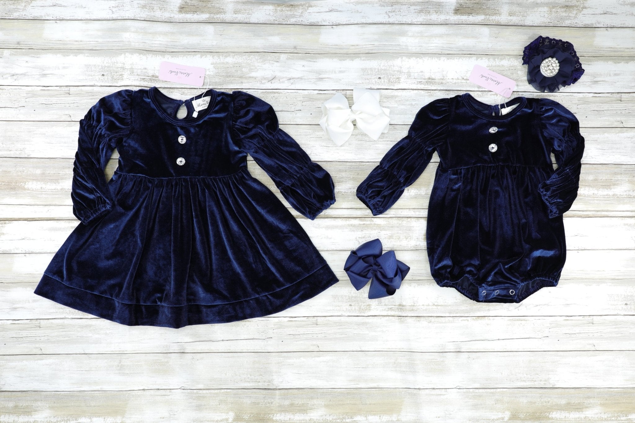 Navy Bubble Sleeve Velvet Romper - Marie Nicole Clothing
