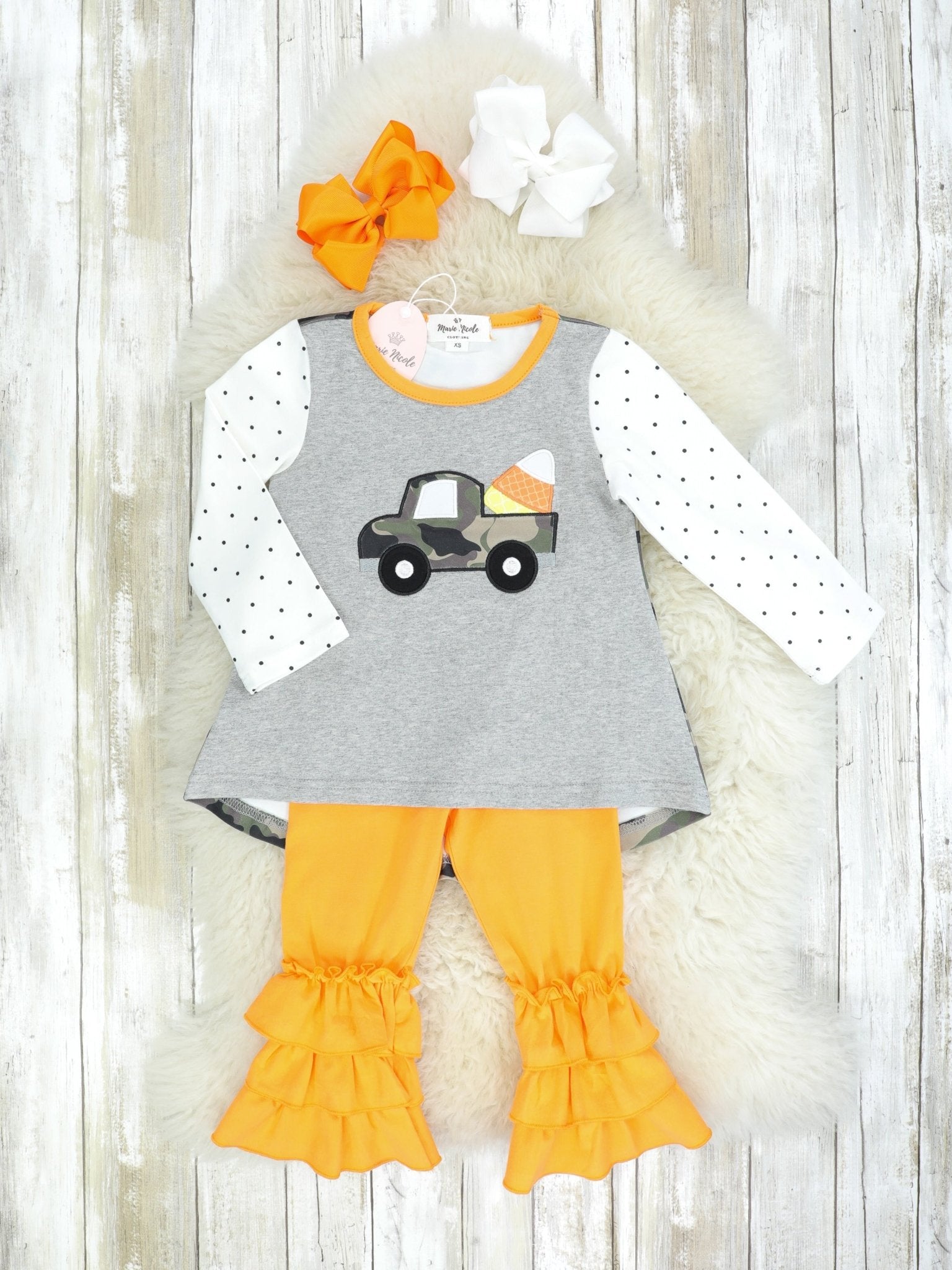Camo Candy Corn Truck Ruffle Pants Outfit - Marie Nicole Clothing