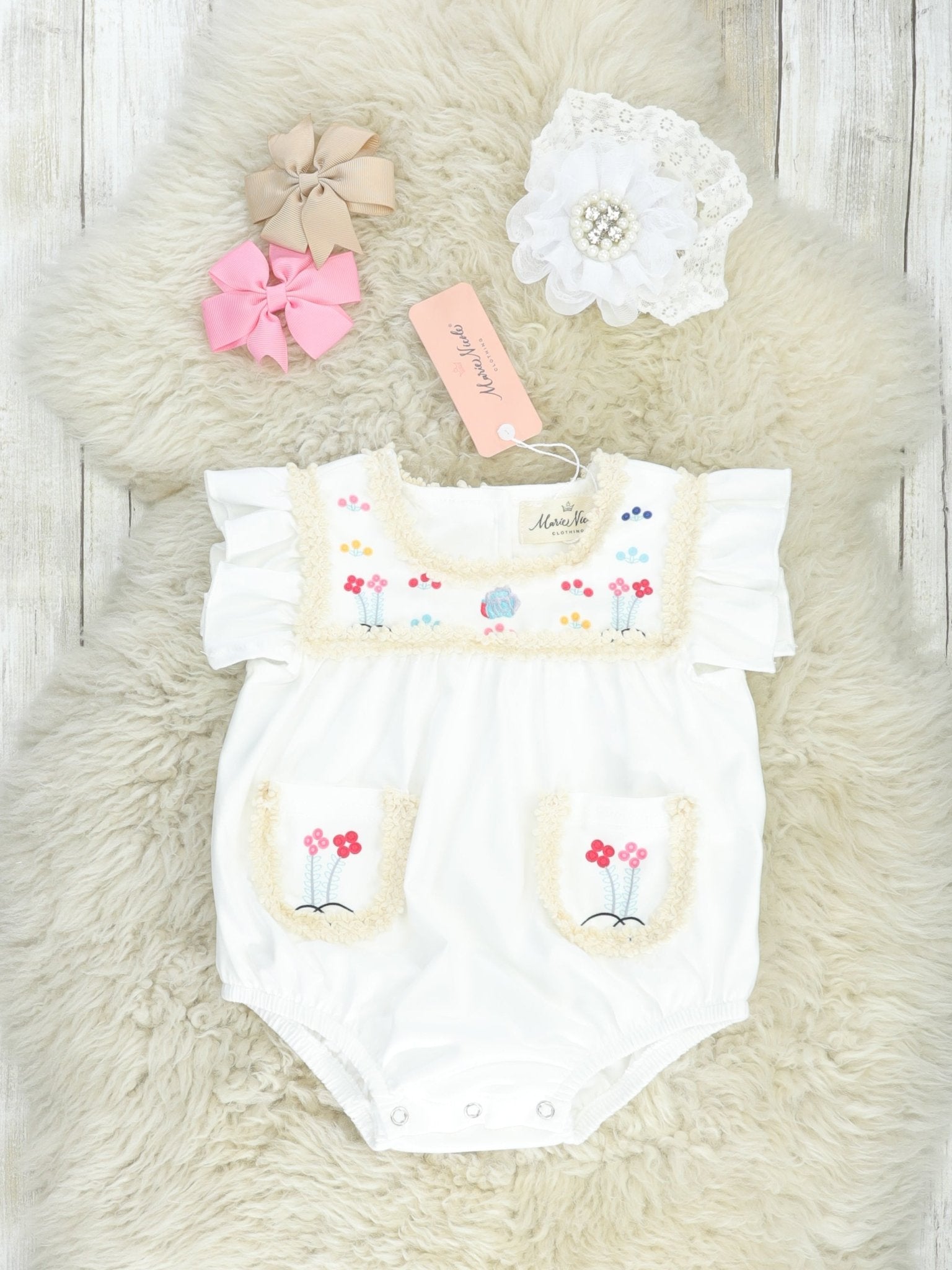 Begonia Crochet Ruffle Pocket Bubble Romper - Marie Nicole Clothing