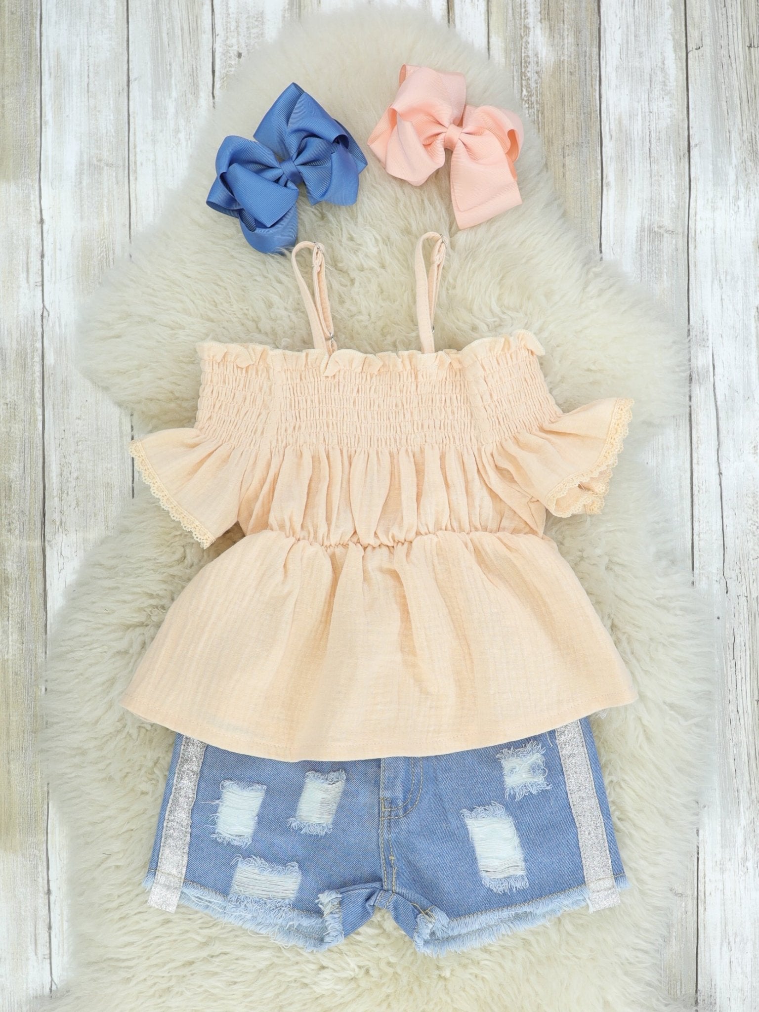Smocked Light Peach Top & Distressed Denim Outfit - Marie Nicole Clothing