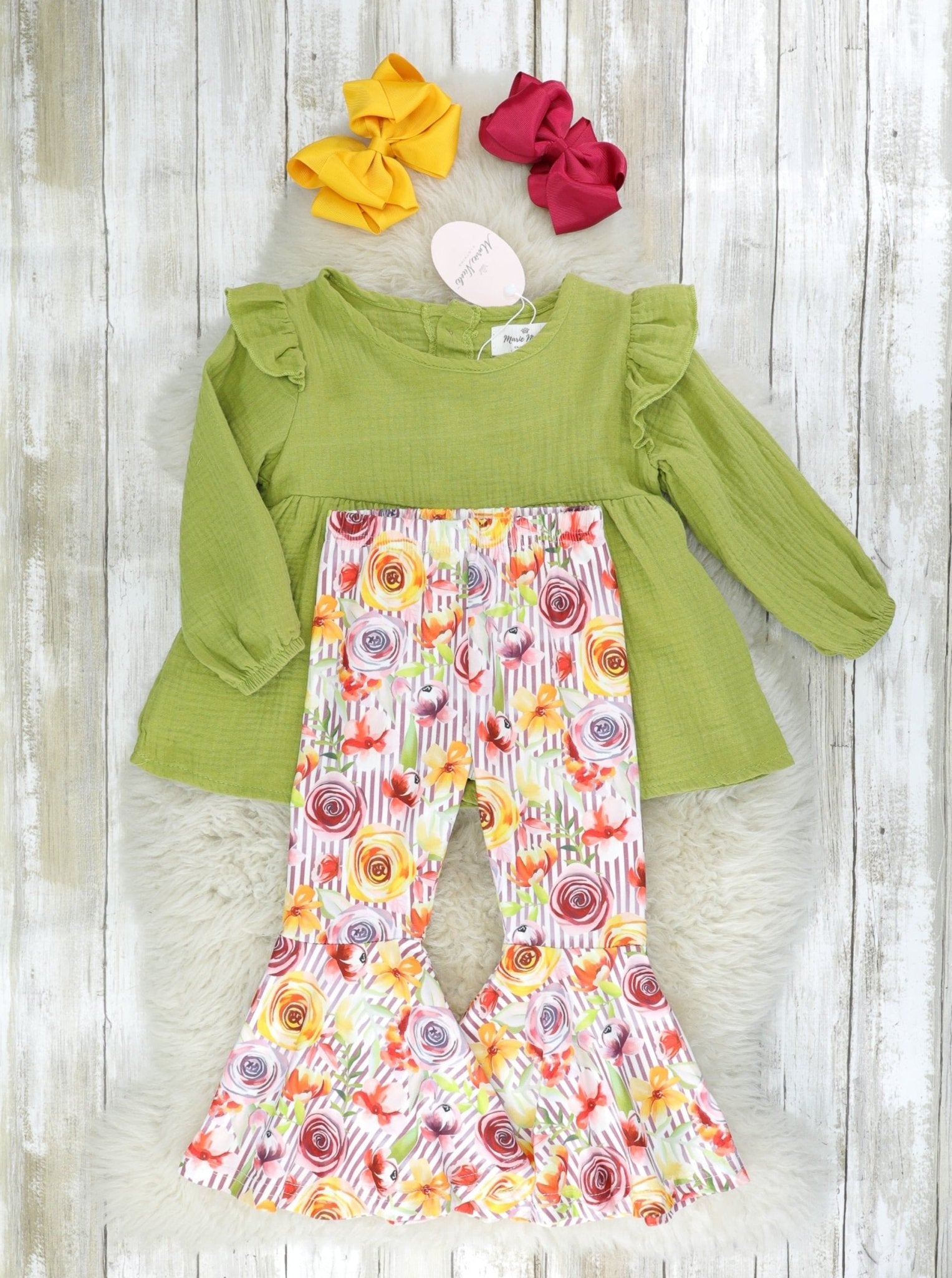 Olive Ruffle Peplum Top & Bright Rose Bell Bottoms - Marie Nicole Clothing