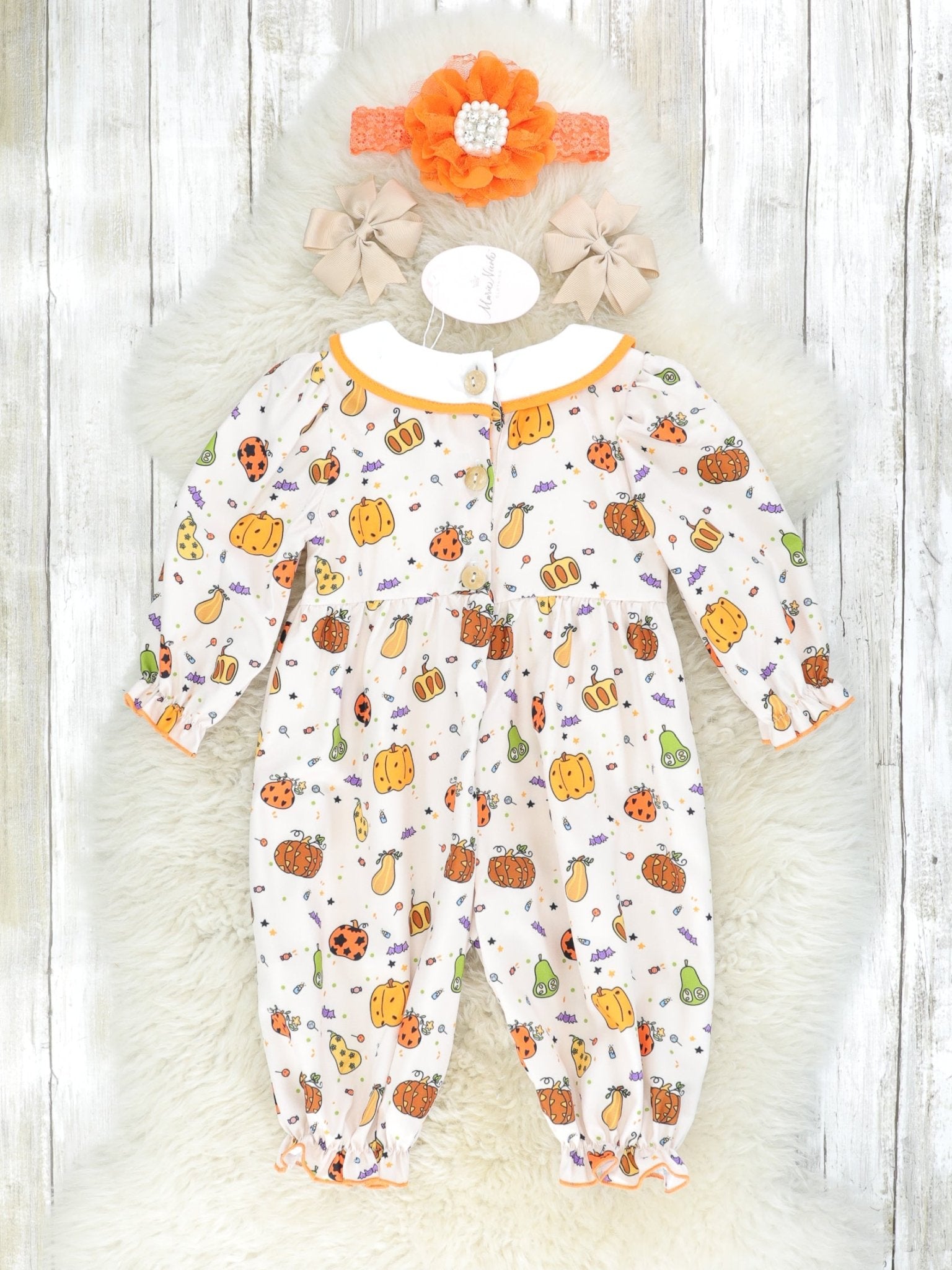 Pumpkin Spice & Spooky Nights Smocked Romper - Marie Nicole Clothing