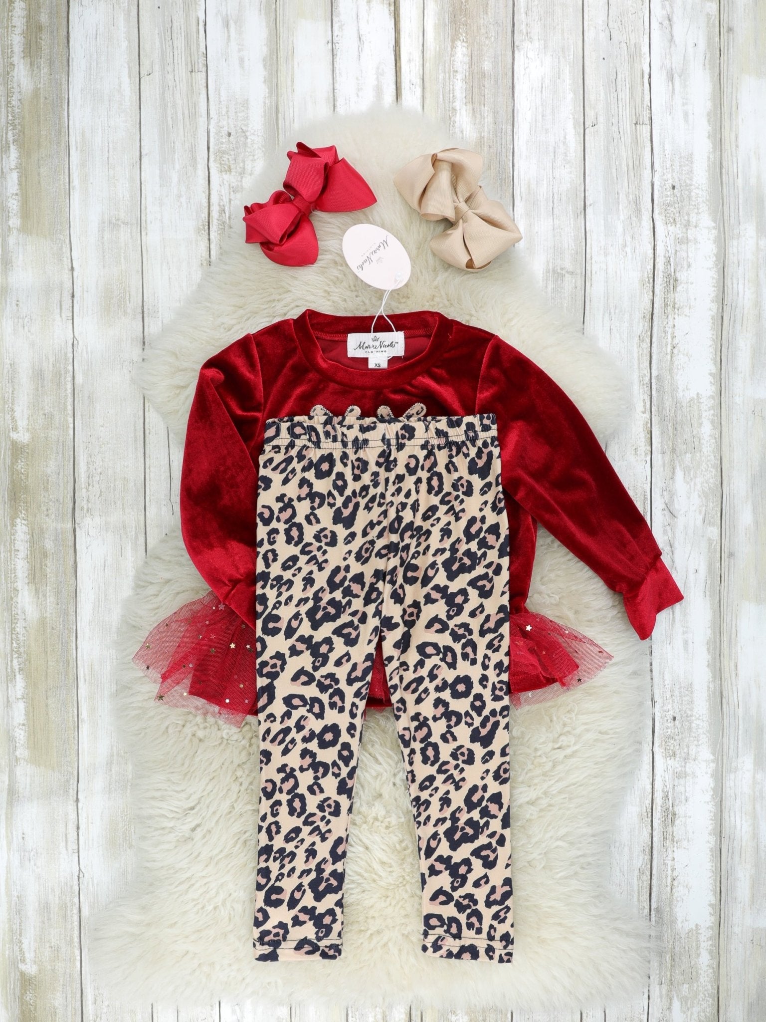 Red Sparkly Reindeer Tulle Leopard Outfit - Marie Nicole Clothing