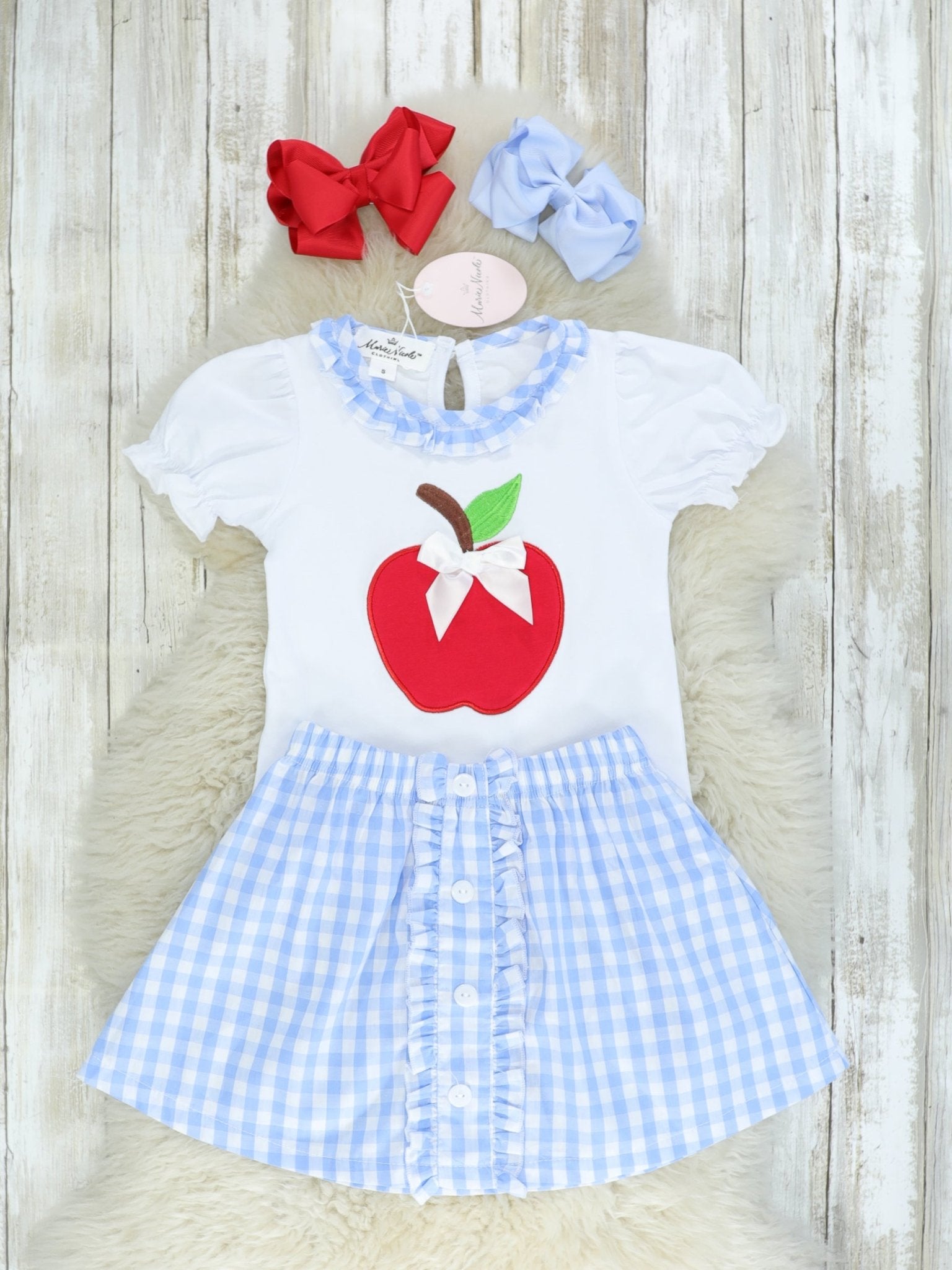 Apple Ruffle Top & Blue Check Skirt Outfit - Marie Nicole Clothing