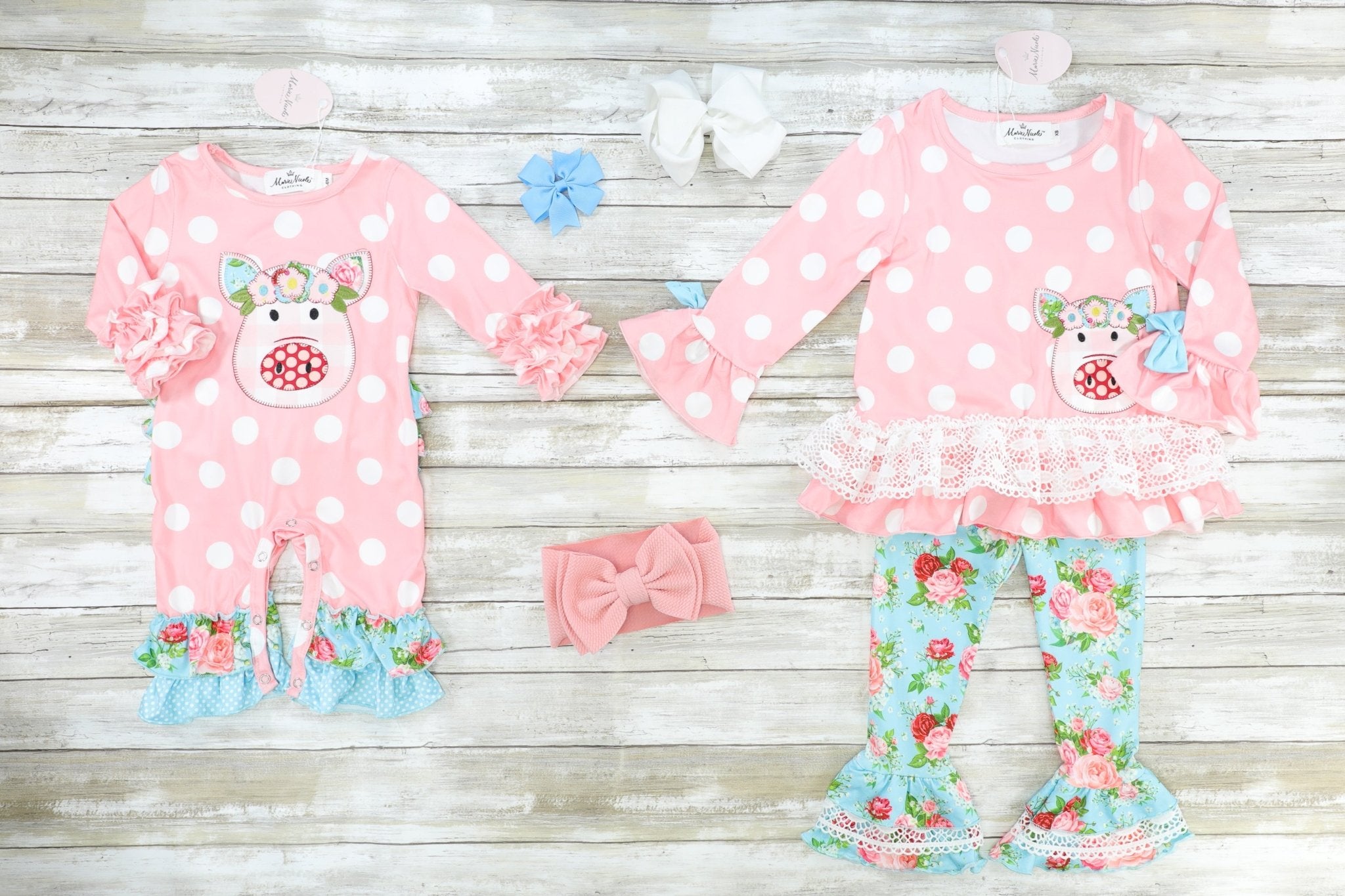 Pink Polka Dot & Floral Piggy Ruffle Romper - Marie Nicole Clothing