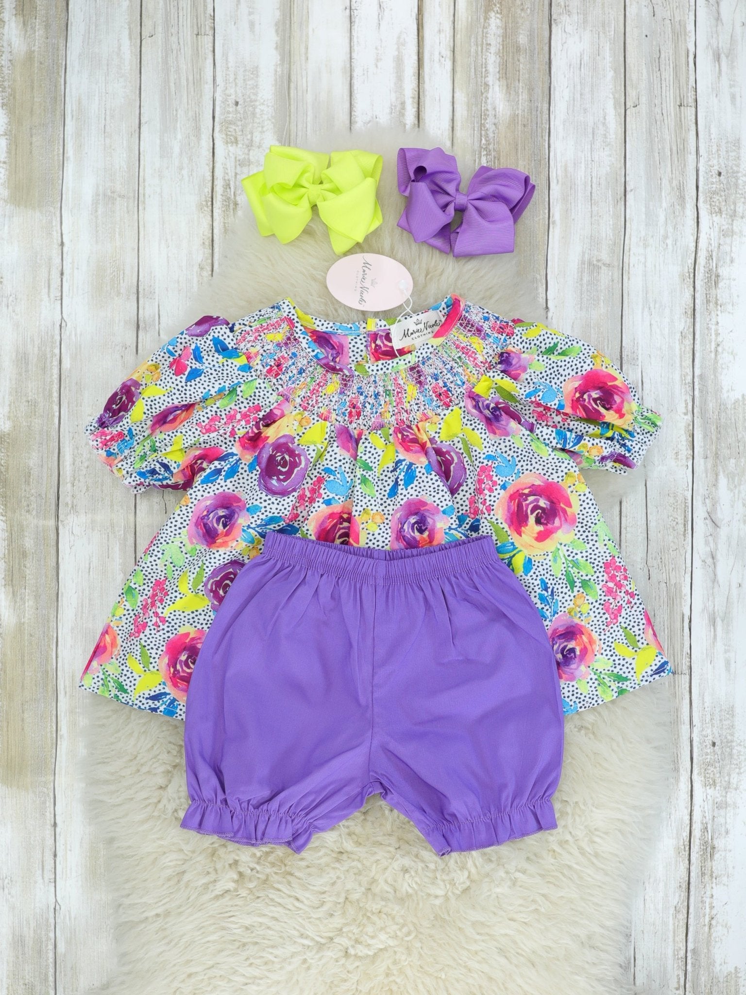 Smocked Bright Rose Top & Purple Bottoms Outfit - Marie Nicole Clothing