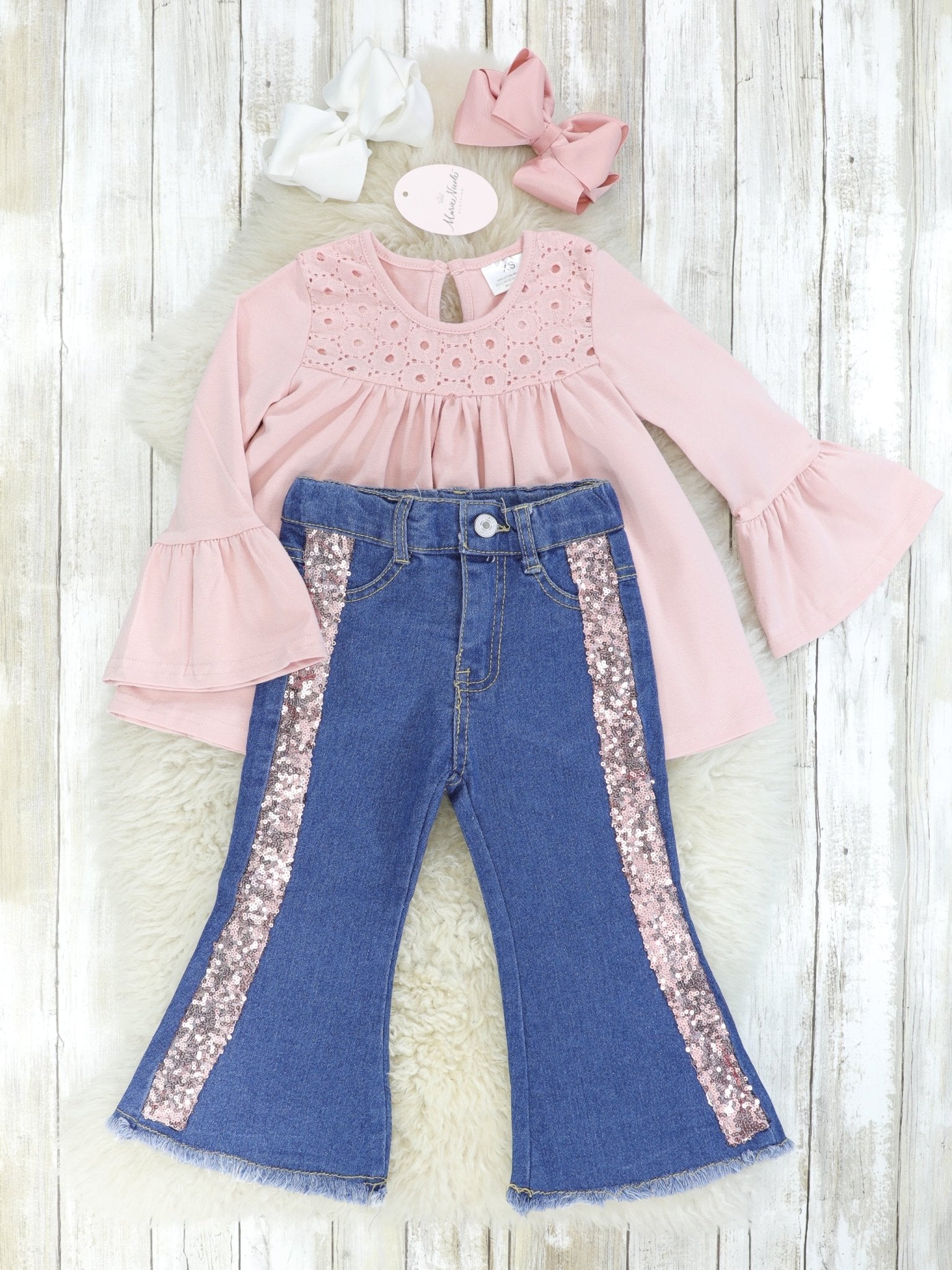 Pink Tunic Top & Denim Sequin Bell Bottoms - Marie Nicole Clothing