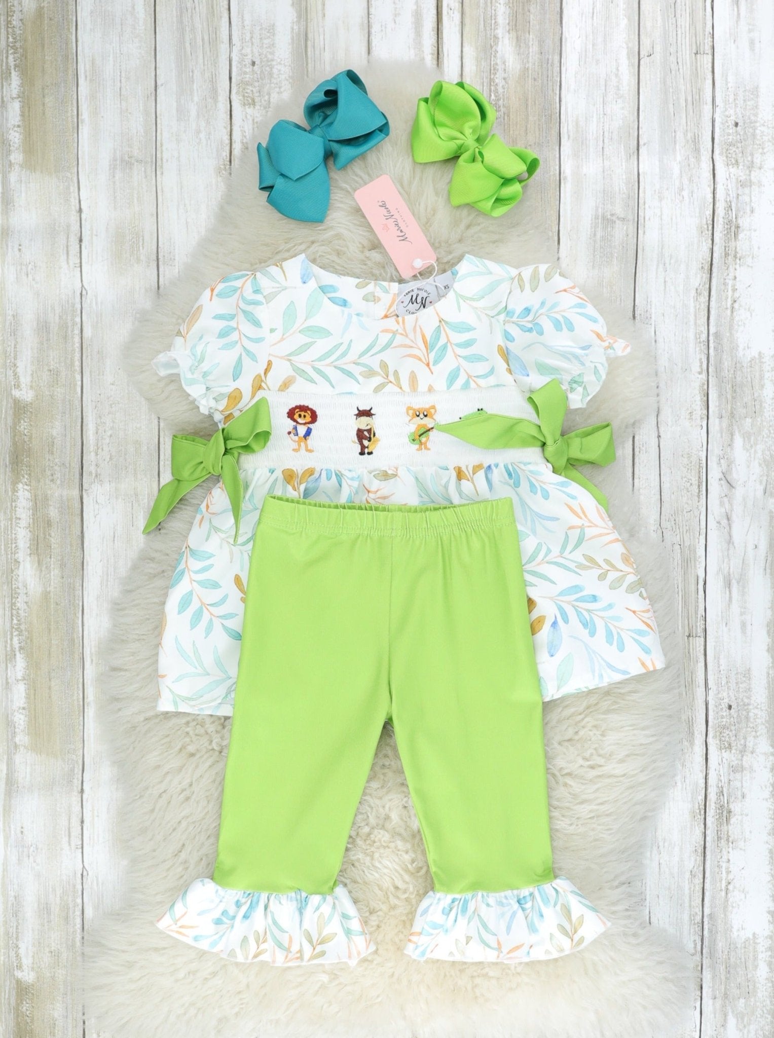 Jazzy Zoo Friends Smocked Bow Outfit - Marie Nicole Clothing