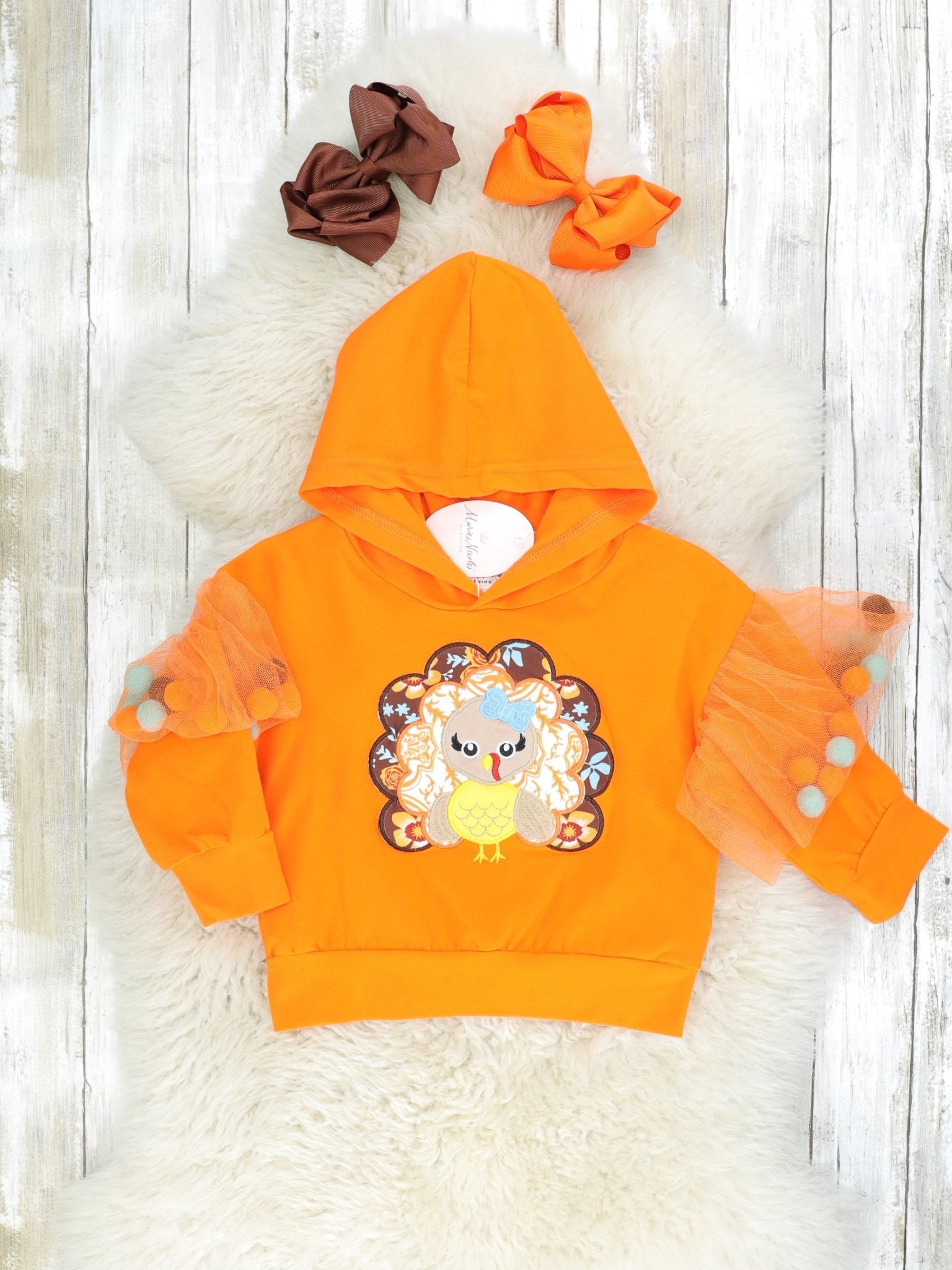 Sassy Floral Turkey Tulle Pom Pom Hoodie - Marie Nicole Clothing