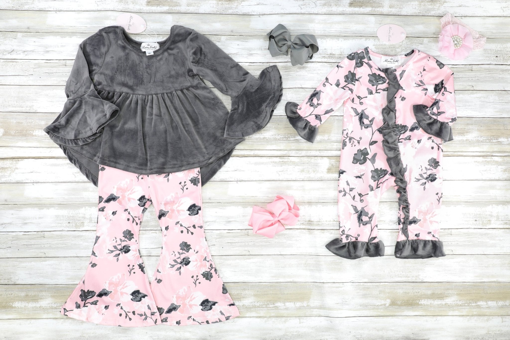 Pink & Grey Floral Velvet Ruffle Romper - Marie Nicole Clothing