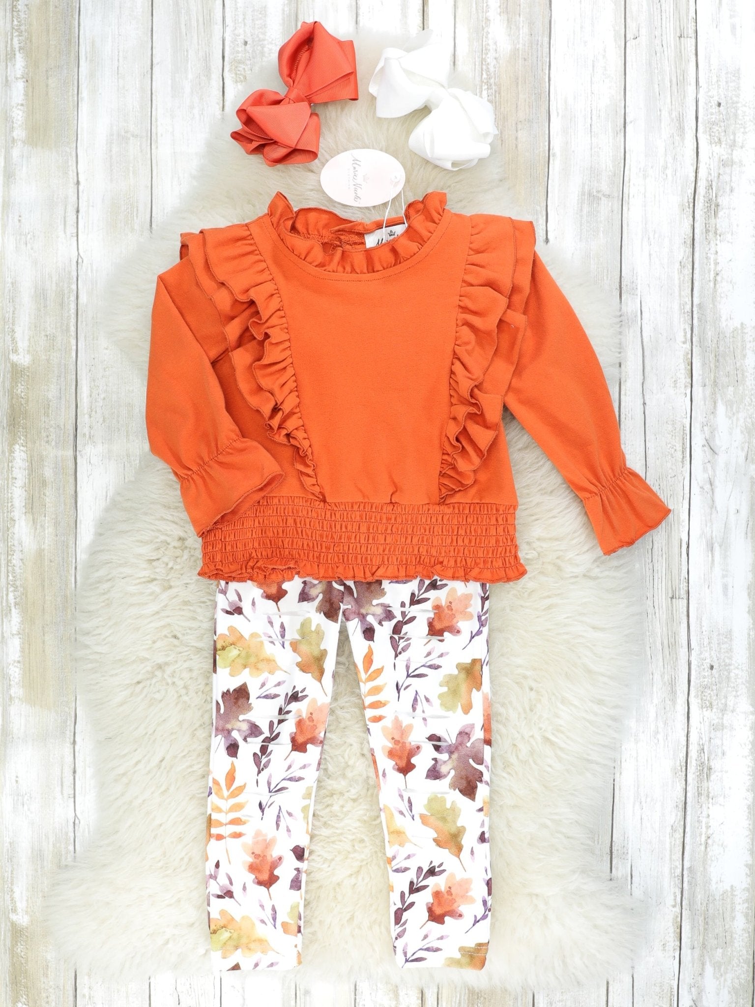 Orange Smocked Ruffle Long Sleeve & Fall Leaf Bottoms Outfit - Marie Nicole Clothing