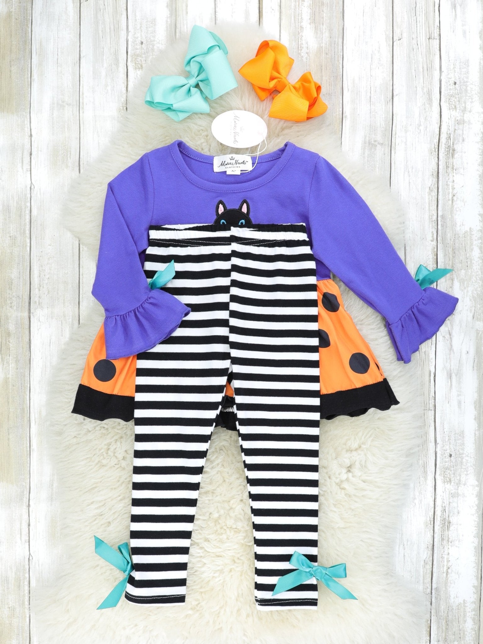 Purple Cat Pumpkin Polka Dot Top & Striped Bottoms Outfit - Marie Nicole Clothing