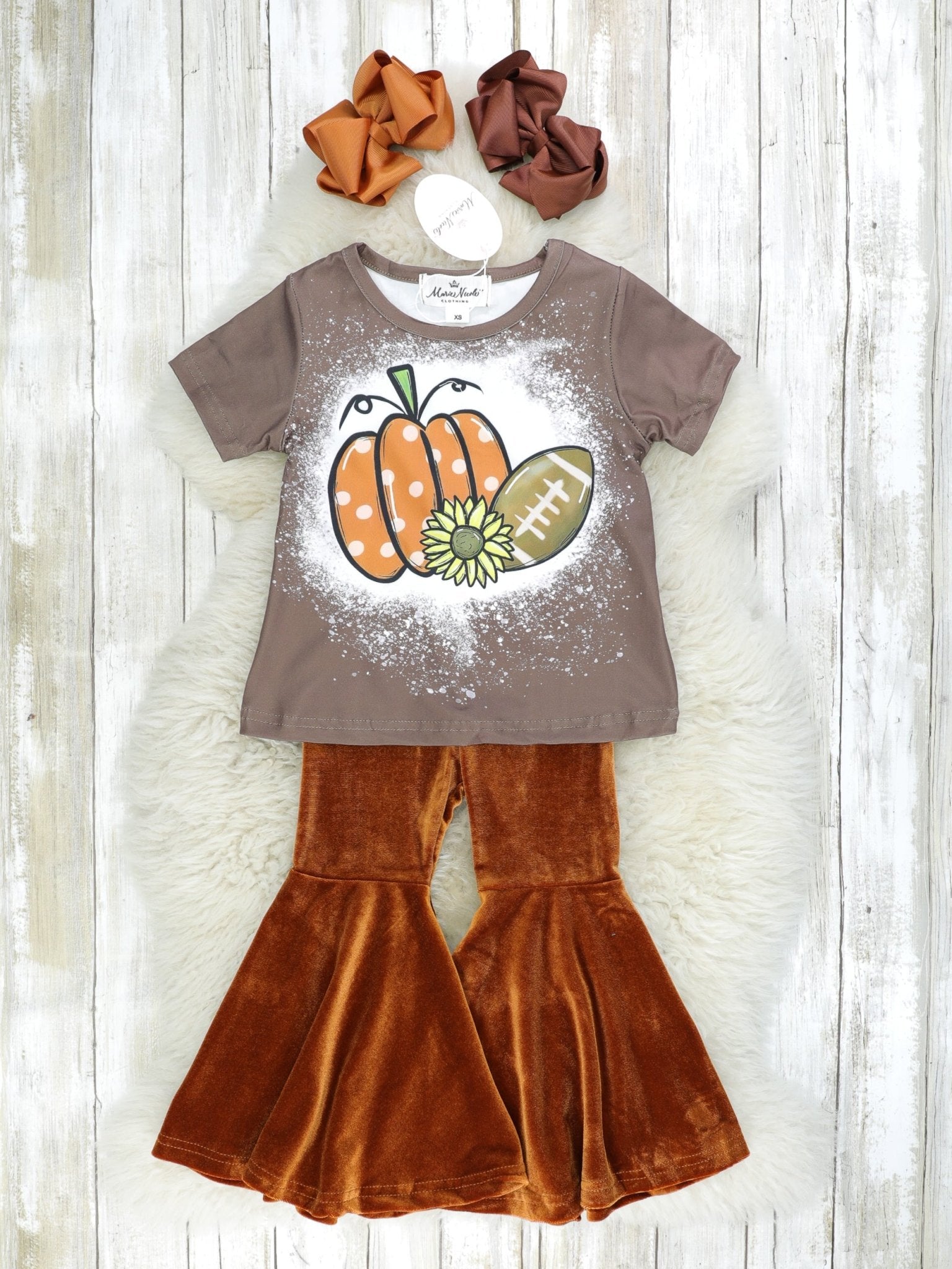 Brown Football Top & Velvet Bell Bottoms Outfit - Marie Nicole Clothing