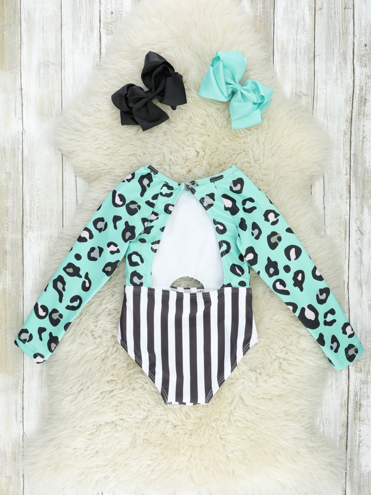 Mint Leopard Striped Rash Guard Swimsuit - Marie Nicole Clothing