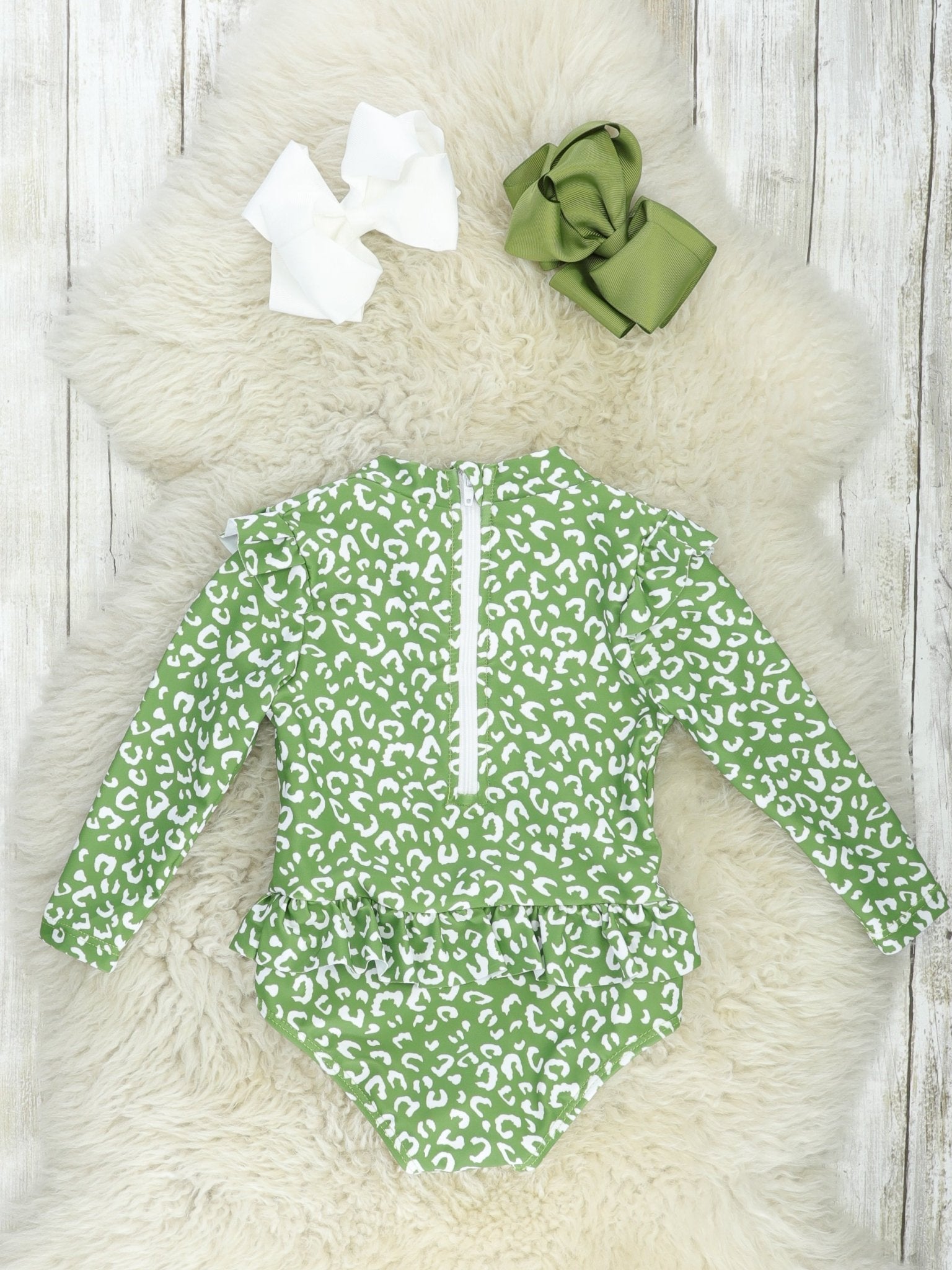 Green Leopard Ruffle Rash Guard Swimsuit - Marie Nicole Clothing