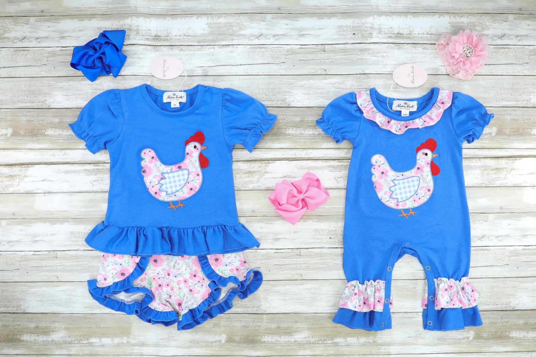 Blue Spring Chicken Ruffle Shirt & Shorts Outfit - Marie Nicole Clothing