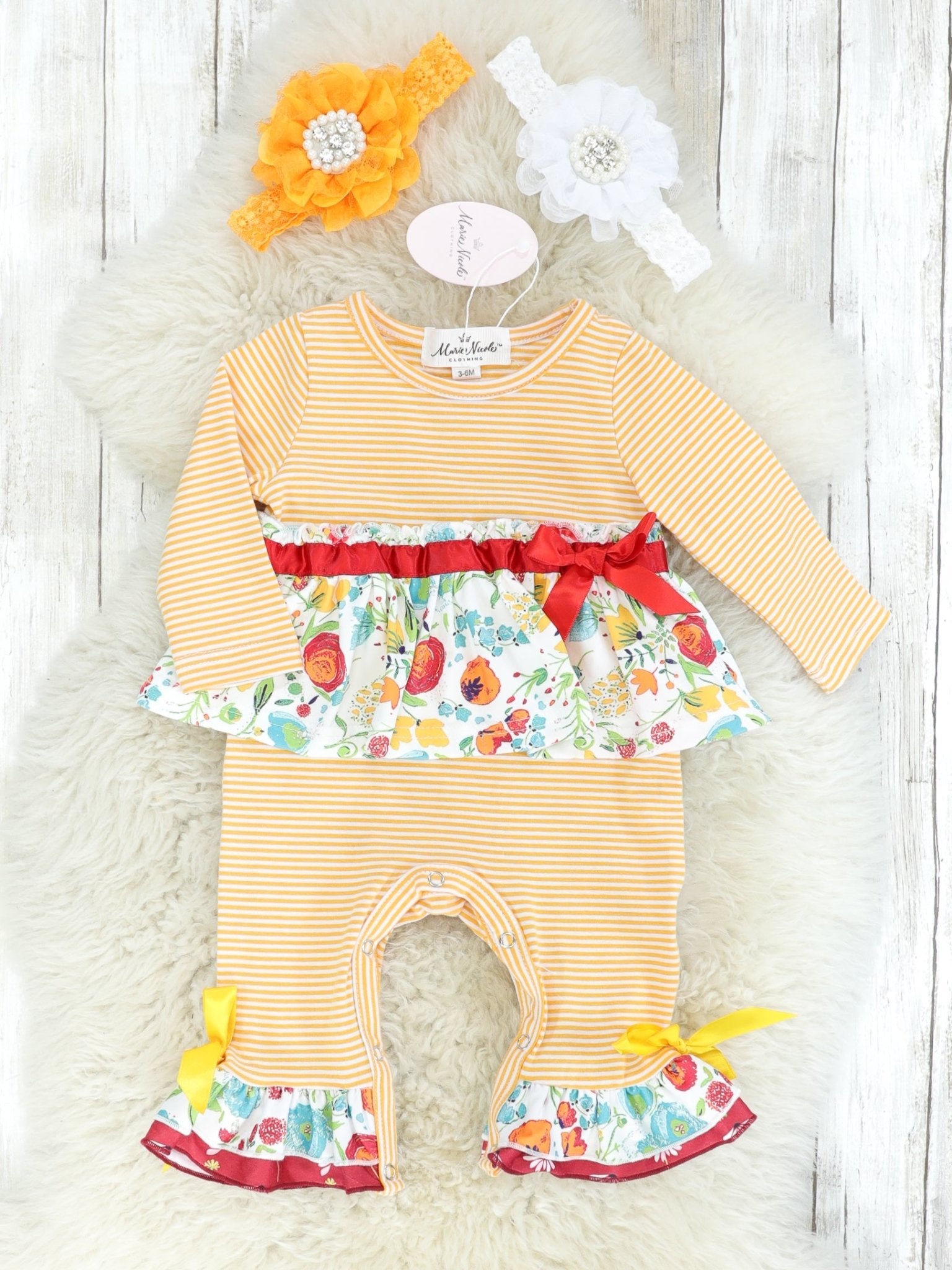 Striped Orange & Red Floral Watercolor Ruffle Romper - Marie Nicole Clothing