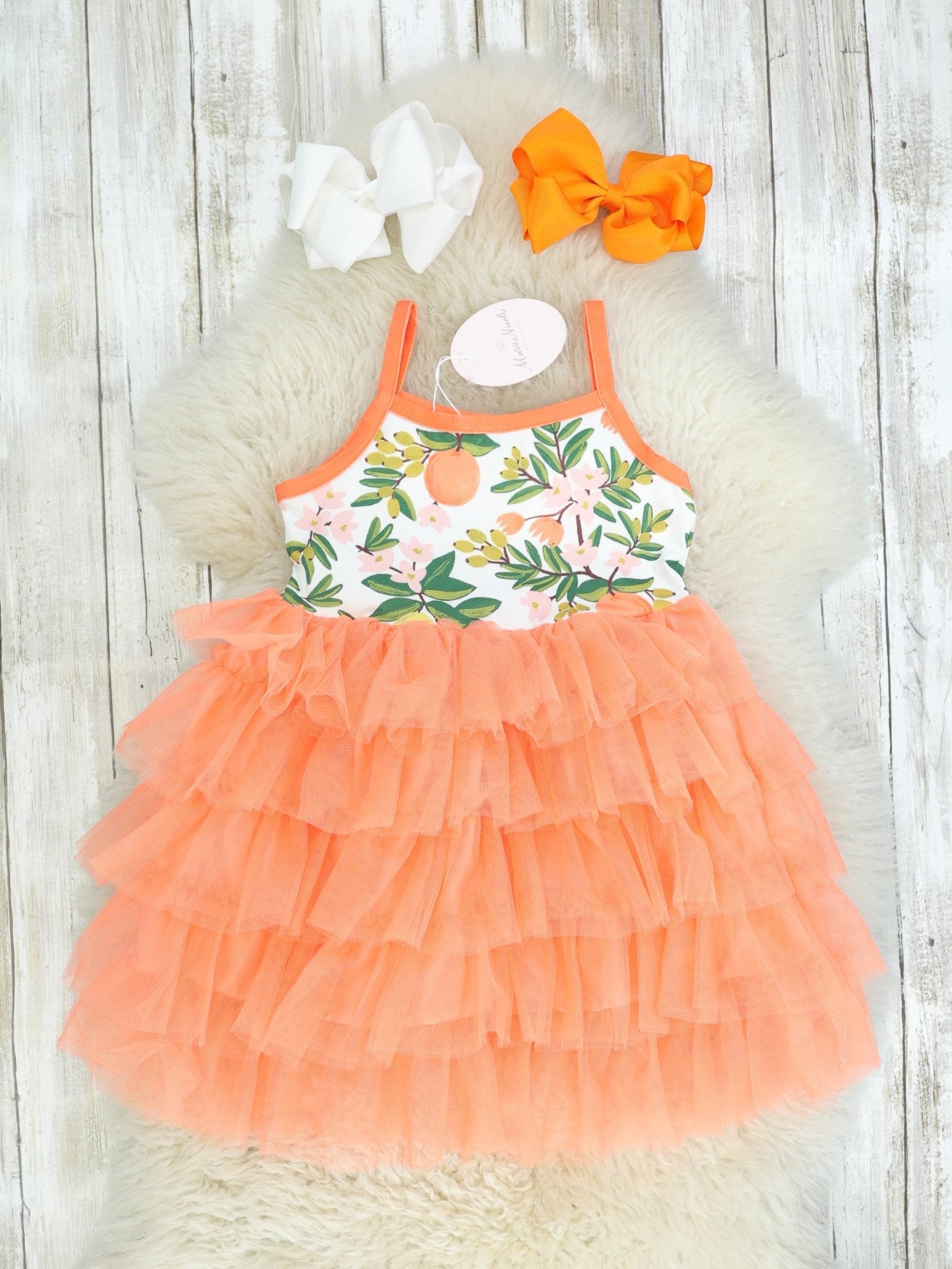Orange Floral Ruffle Tiered Tulle Dress - Marie Nicole Clothing