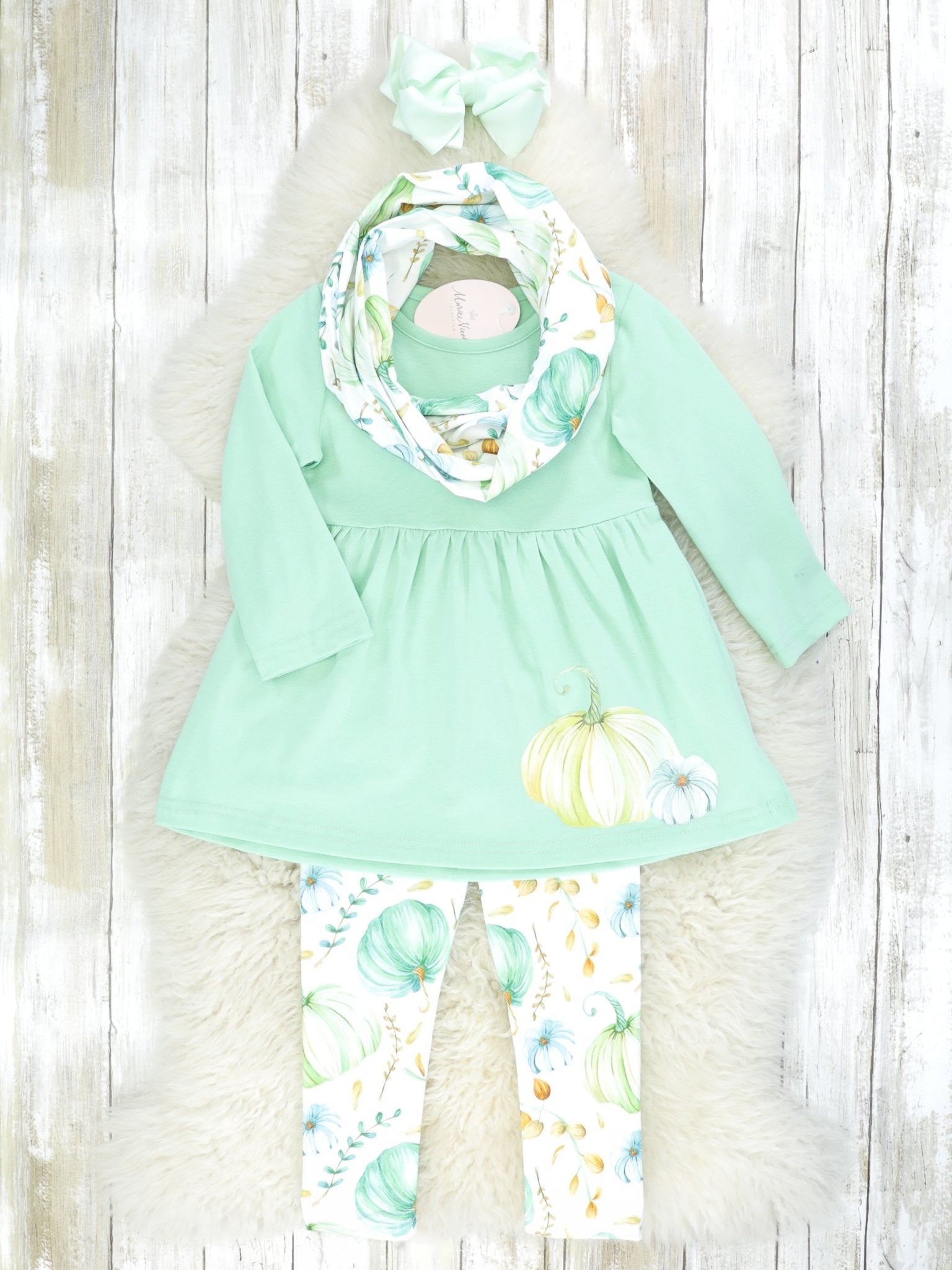 Green & Blue Pumpkin Peplum Top & Bottoms Outfit W/ Scarf - Marie Nicole Clothing
