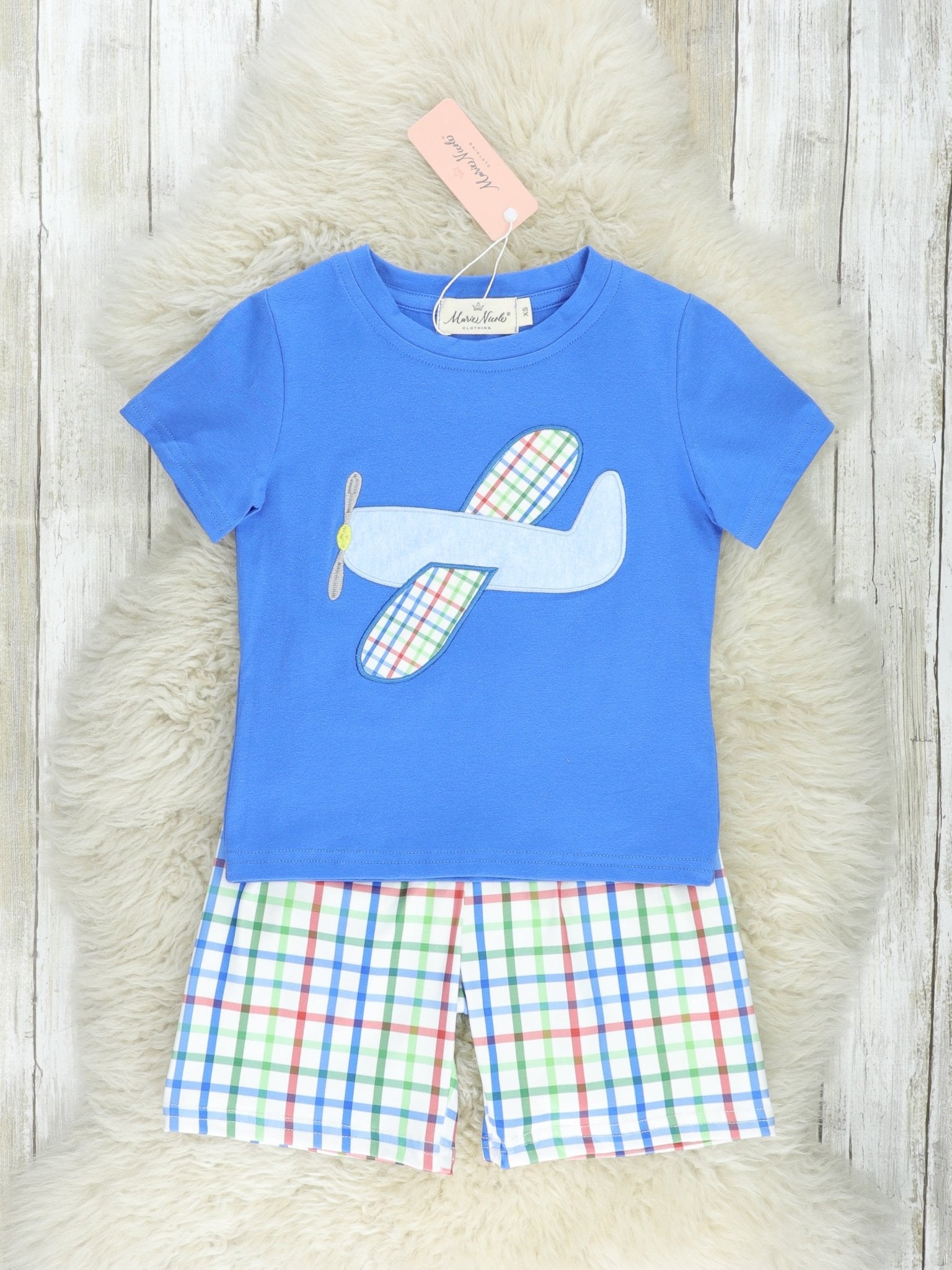 Blue Plaid Airplane Outfit - Marie Nicole Clothing