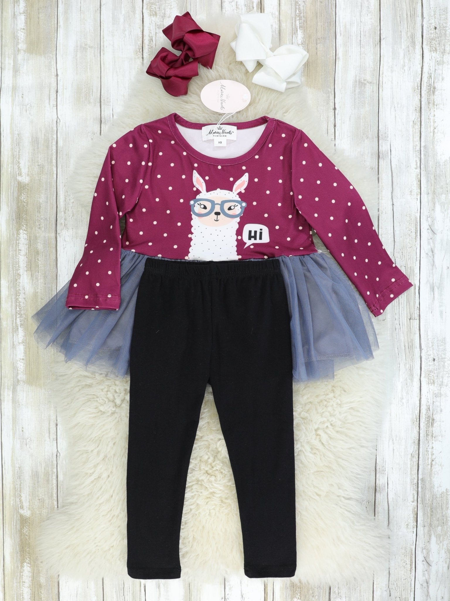 Mulberry & Pink Polka Dot "Hi" Llama Tulle Top & Black Bottoms Outfit - Marie Nicole Clothing