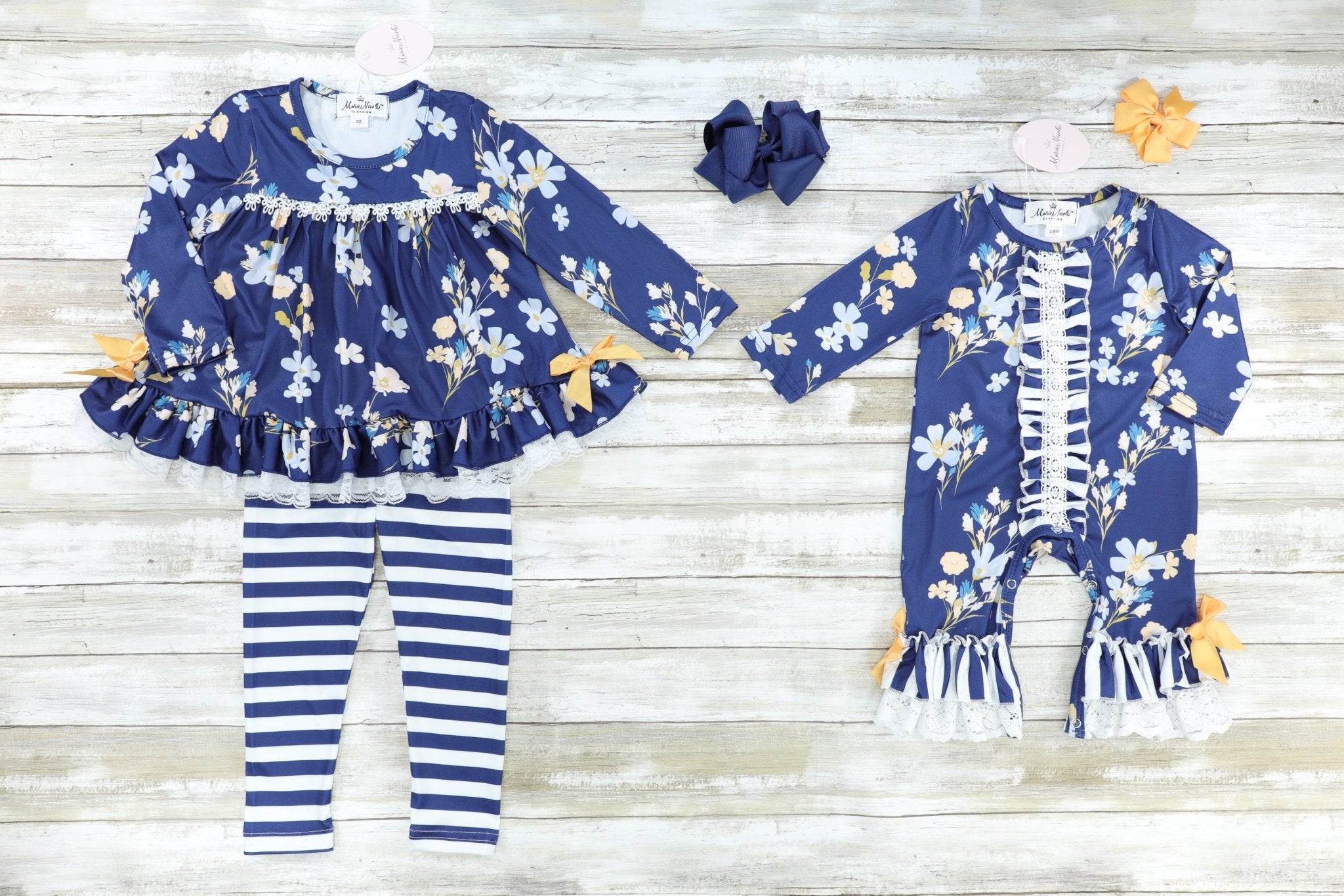 Navy Floral Lace Ruffle Romper - Marie Nicole Clothing