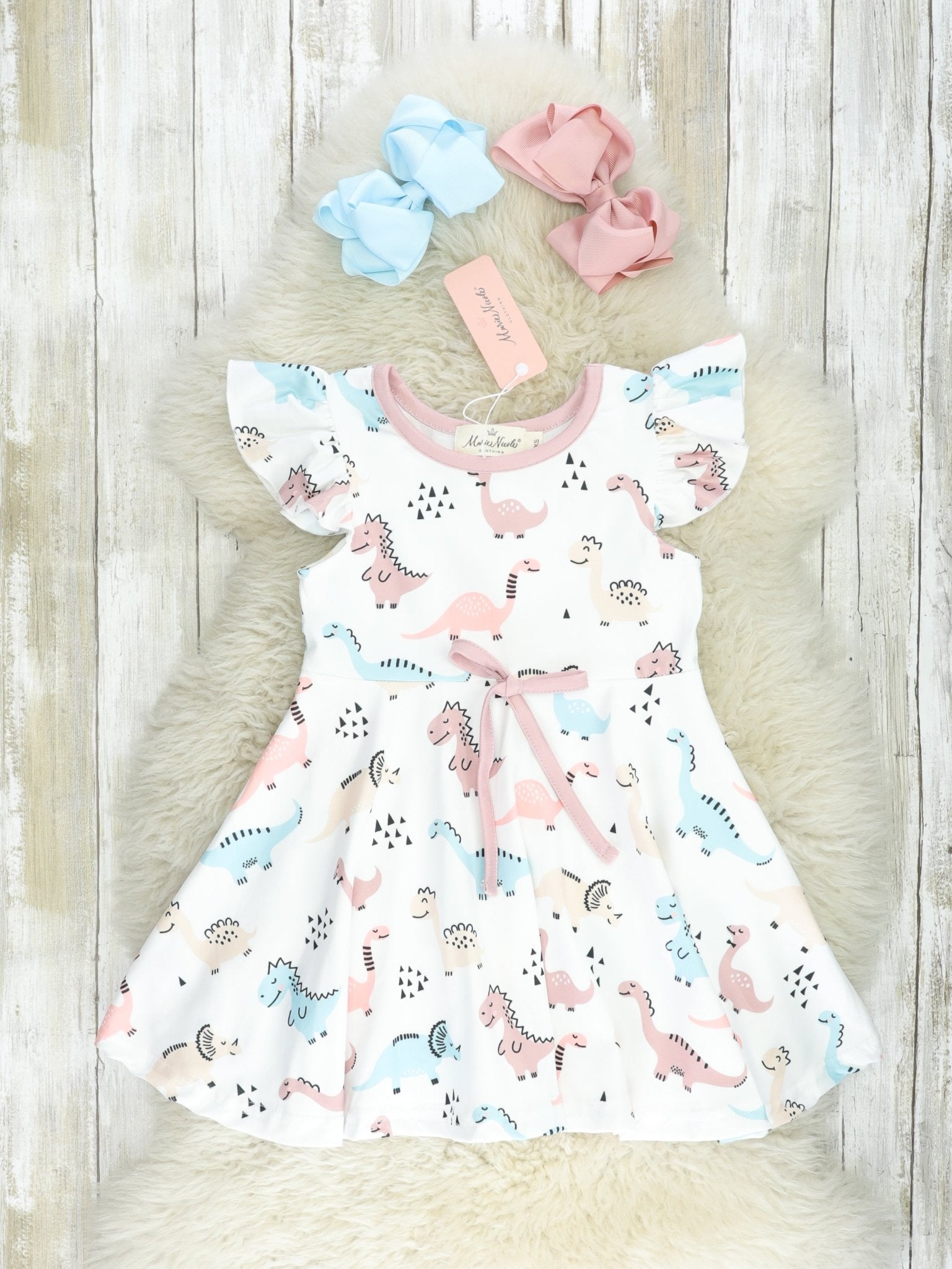 Pastel Dinosaur Flutter Sleeve Dress - Marie Nicole Clothing
