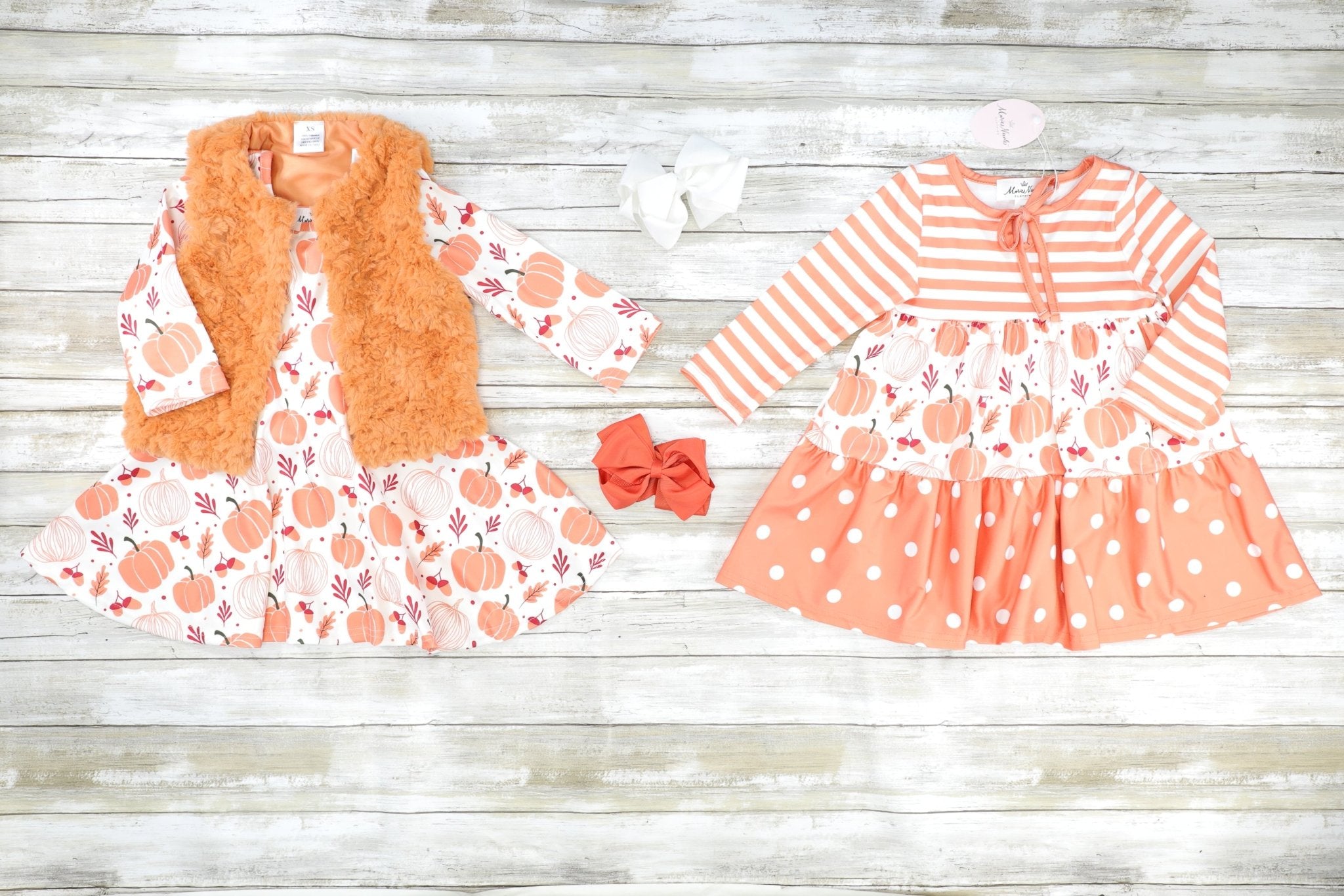 Orange & Cream Pumpkin Dress W/ Vest Outfit - Marie Nicole Clothing