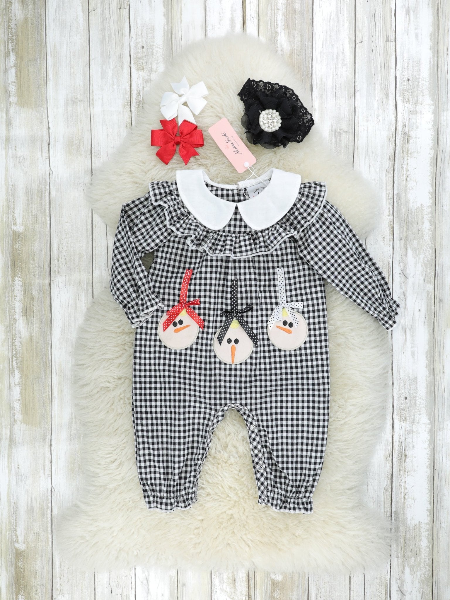Gingham Snowman Vintage Ruffle Romper - Marie Nicole Clothing