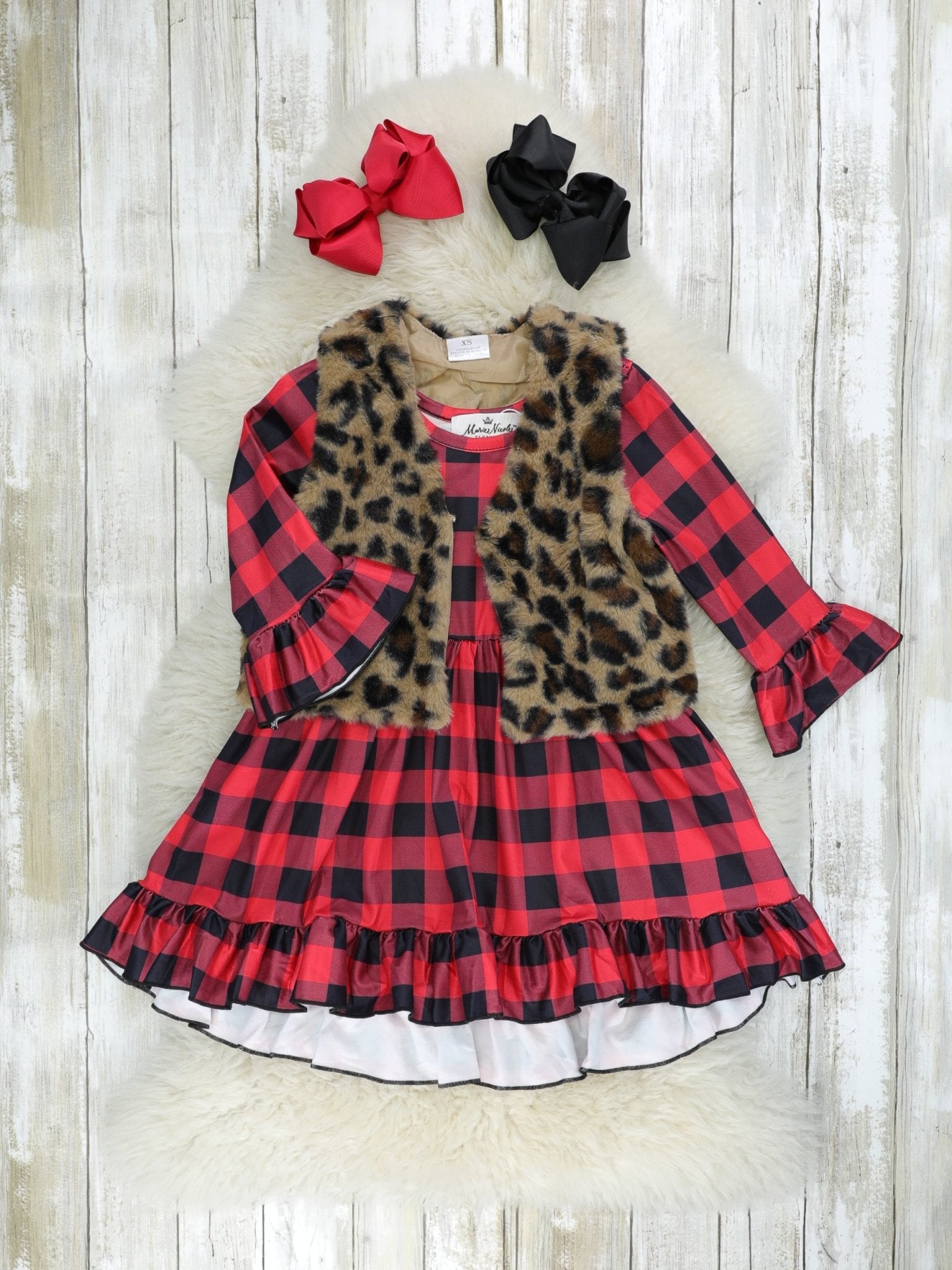 Buffalo Plaid Bell Sleeve Ruffle Dress W/ Leopard Vest - Marie Nicole Clothing