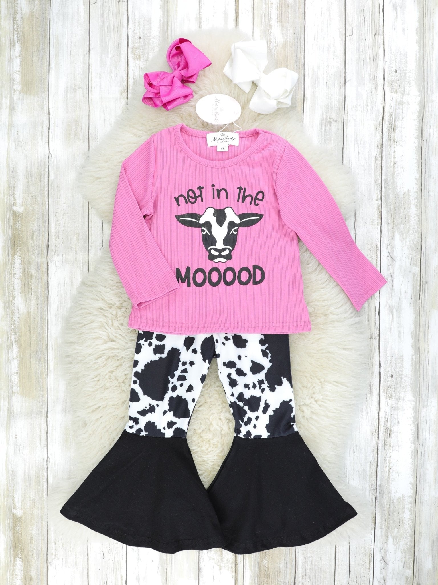Fuchsia "Not In The MOOOOD" Top & Cow Print Bell Bottoms - Marie Nicole Clothing