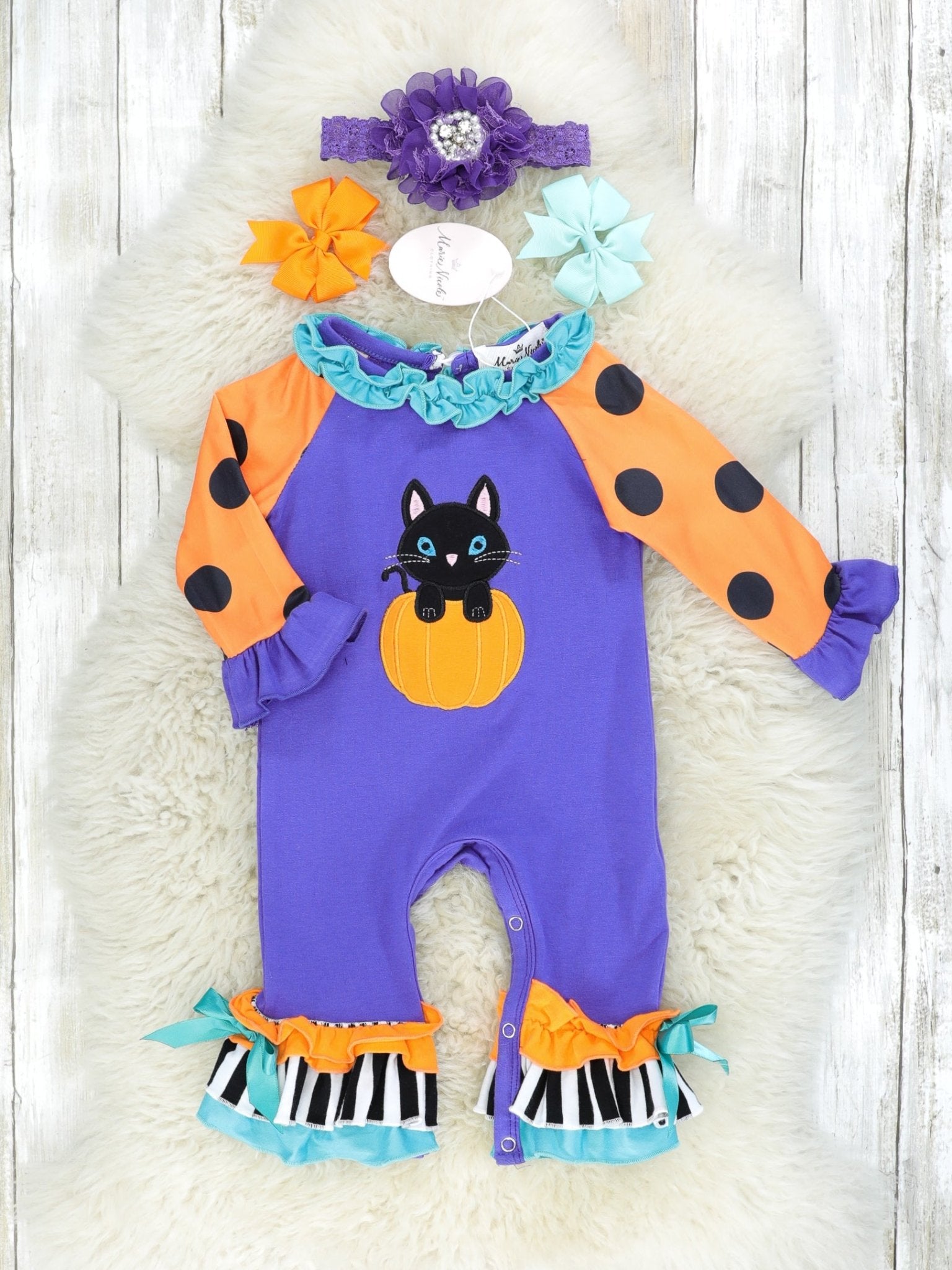 Purple Cat Pumpkin Polka Dot Ruffle Romper - Marie Nicole Clothing