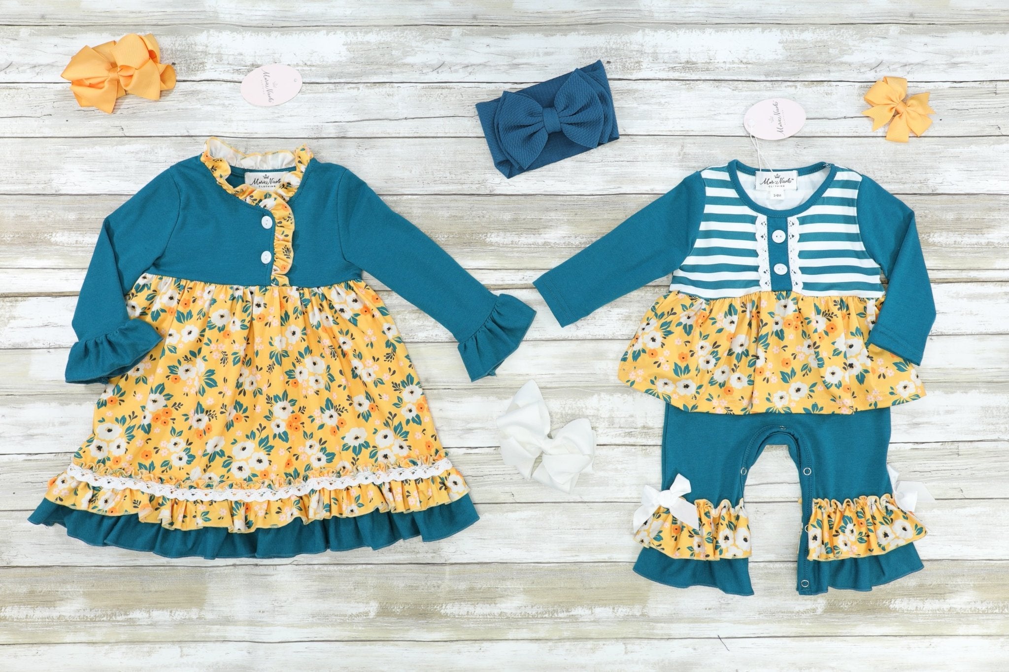 Peacock Blue Floral Ruffle Dress - Marie Nicole Clothing