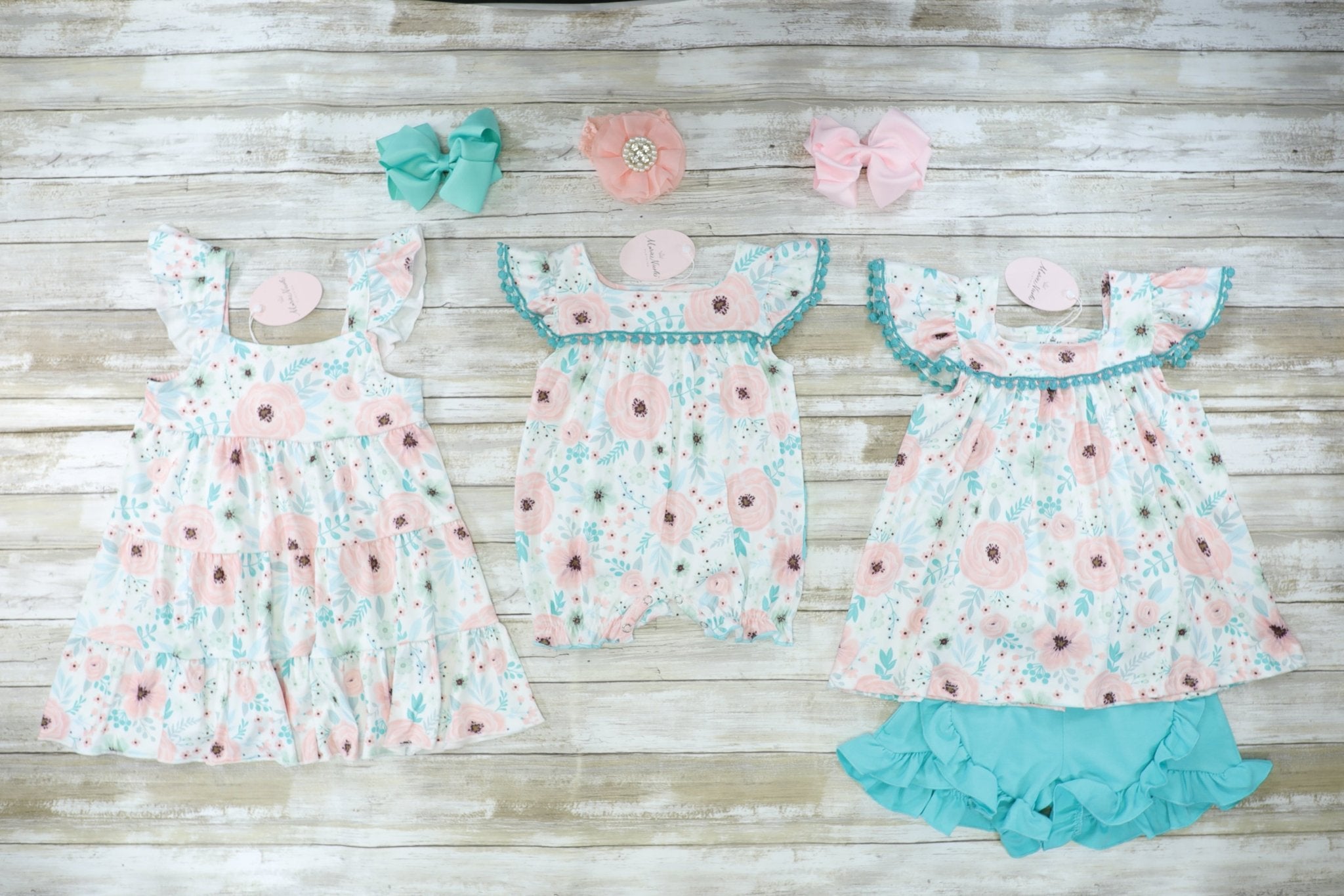 Pink Floral Top & Blue Ruffle Shorts Outfit - Marie Nicole Clothing