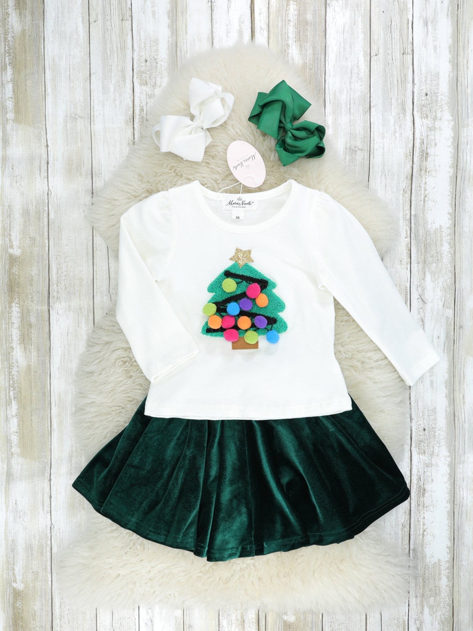 Pom Pom Christmas Tree Velvet Outfit - Marie Nicole Clothing